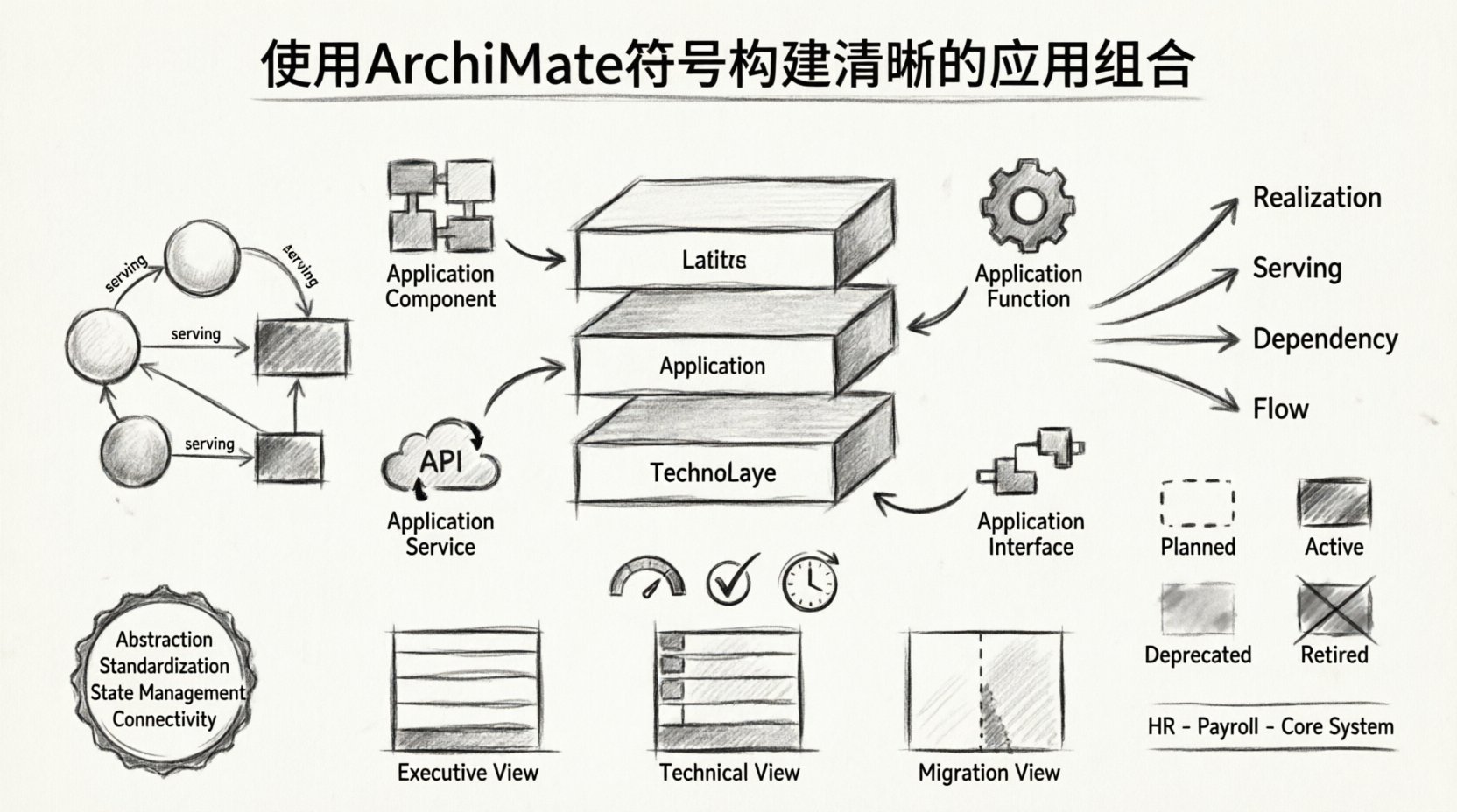 Charcoal contour sketch infographic illustrating ArchiMate notation for enterprise application portfolio modeling, featuring application layer elements (Component, Function, Service, Interface), relationship types (Realization, Serving, Dependency, Flow), business capability alignment mapping, application lifecycle states (Planned, Active, Deprecated, Retired), and three strategic views (Executive, Technical, Migration) for clear IT architecture visualization and stakeholder communication