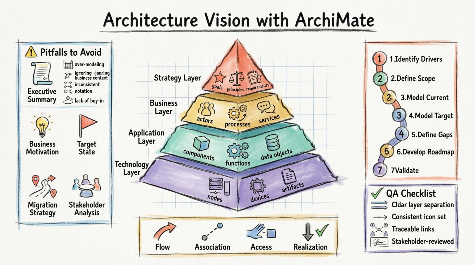 Marker illustration infographic showing how to structure Architecture Vision Documents with ArchiMate notation: features the four hierarchical layers (Strategy, Business, Application, Technology) with key elements, six core document components (Executive Summary, Business Motivation, Current/Target State, Migration Strategy, Stakeholder Analysis), seven-step structuring process flow, and four relationship types (Flow, Association, Access, Realization) for enterprise architecture planning