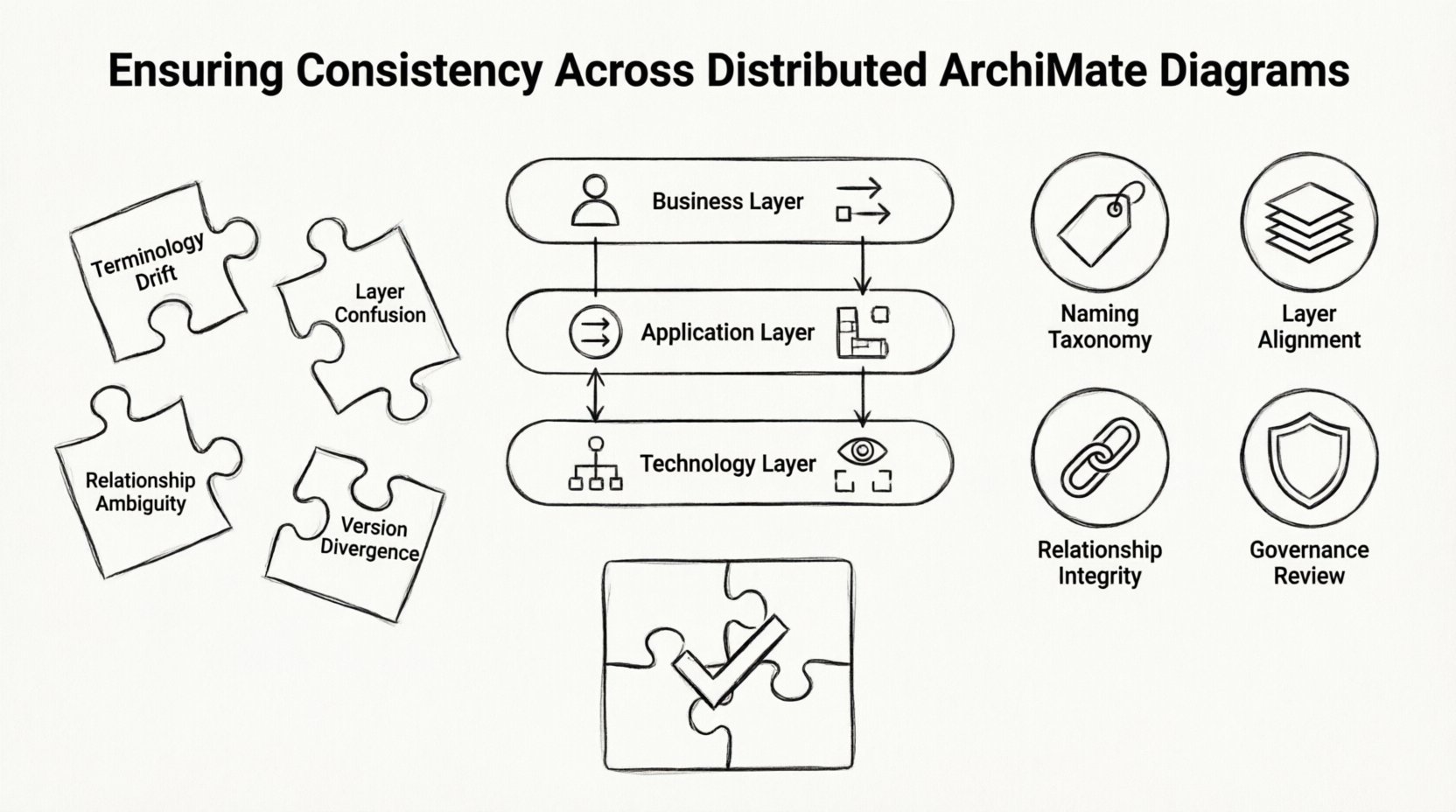 Line art infographic showing how to ensure consistency across distributed ArchiMate diagrams: visualizes four key risks (terminology drift, layer confusion, relationship ambiguity, version divergence), three aligned architecture layers (Business, Application, Technology), five solution pillars (naming taxonomy, layer alignment, relationship integrity, viewpoint standards, governance review), and unified outcome for enterprise architecture teams working remotely