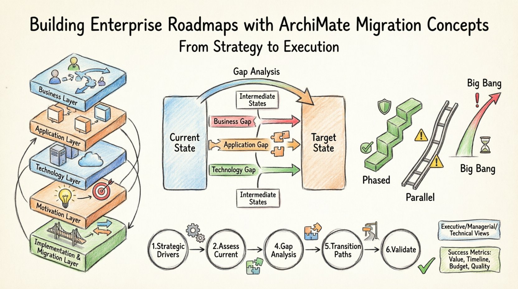 Hand-drawn infographic illustrating how to build enterprise roadmaps using ArchiMate migration concepts, showing the five ArchiMate layers (Business, Application, Technology, Motivation, Implementation & Migration), gap analysis between current and target states, state transitions through intermediate phases, three migration patterns (Phased, Parallel, Big Bang) with risk/cost/duration comparison, six-step roadmap construction process, stakeholder views, and success metrics for enterprise architecture transformation