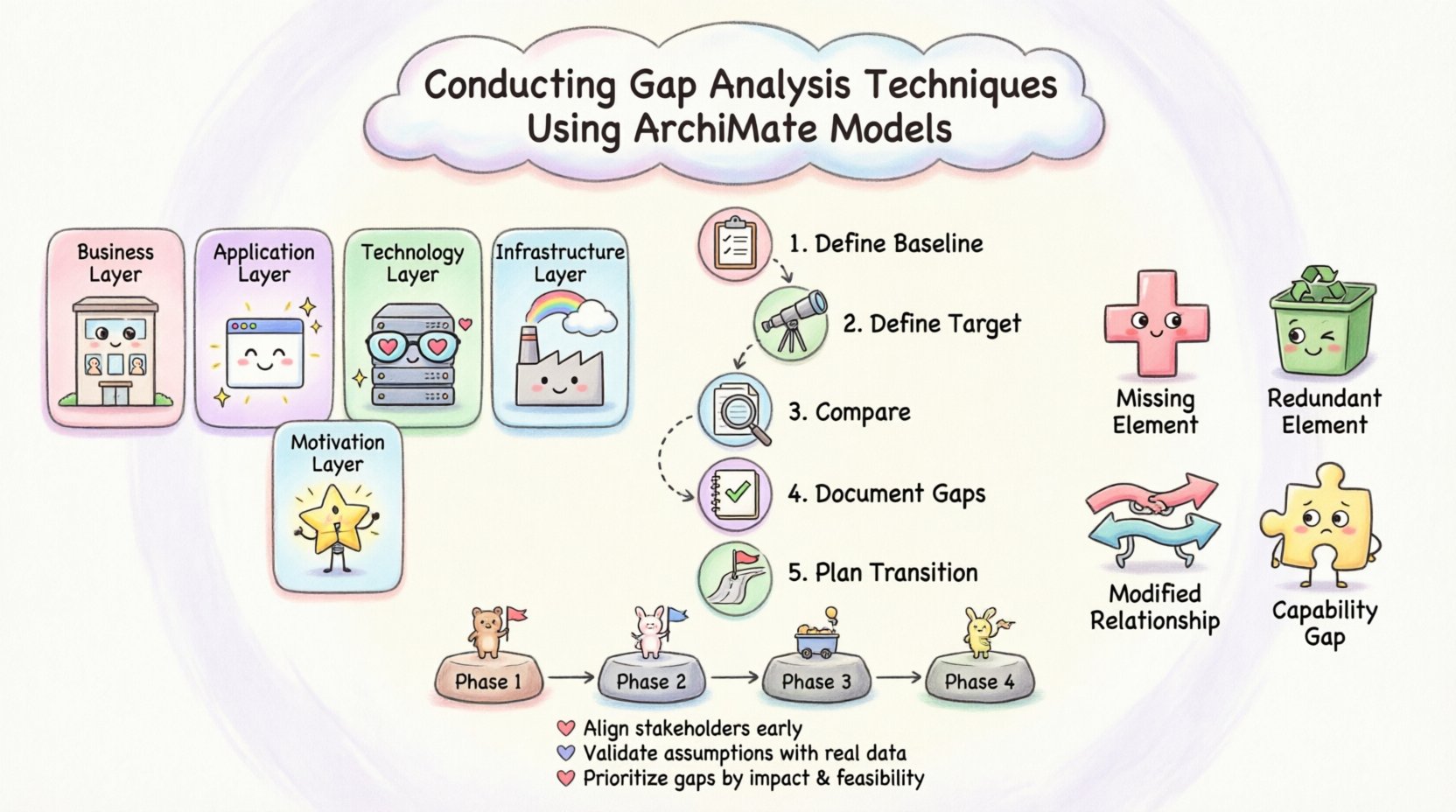 Cute kawaii-style infographic explaining ArchiMate gap analysis techniques with pastel-colored layers representing Business, Application, Technology, Infrastructure, and Motivation; a 5-step process flow showing Define Baseline, Define Target, Compare, Document Gaps, and Plan Transition; visual gap types including Missing Elements, Redundant Elements, Modified Relationships, and Capability Gaps; plus transition phases and best practices checklist for enterprise architecture transformation