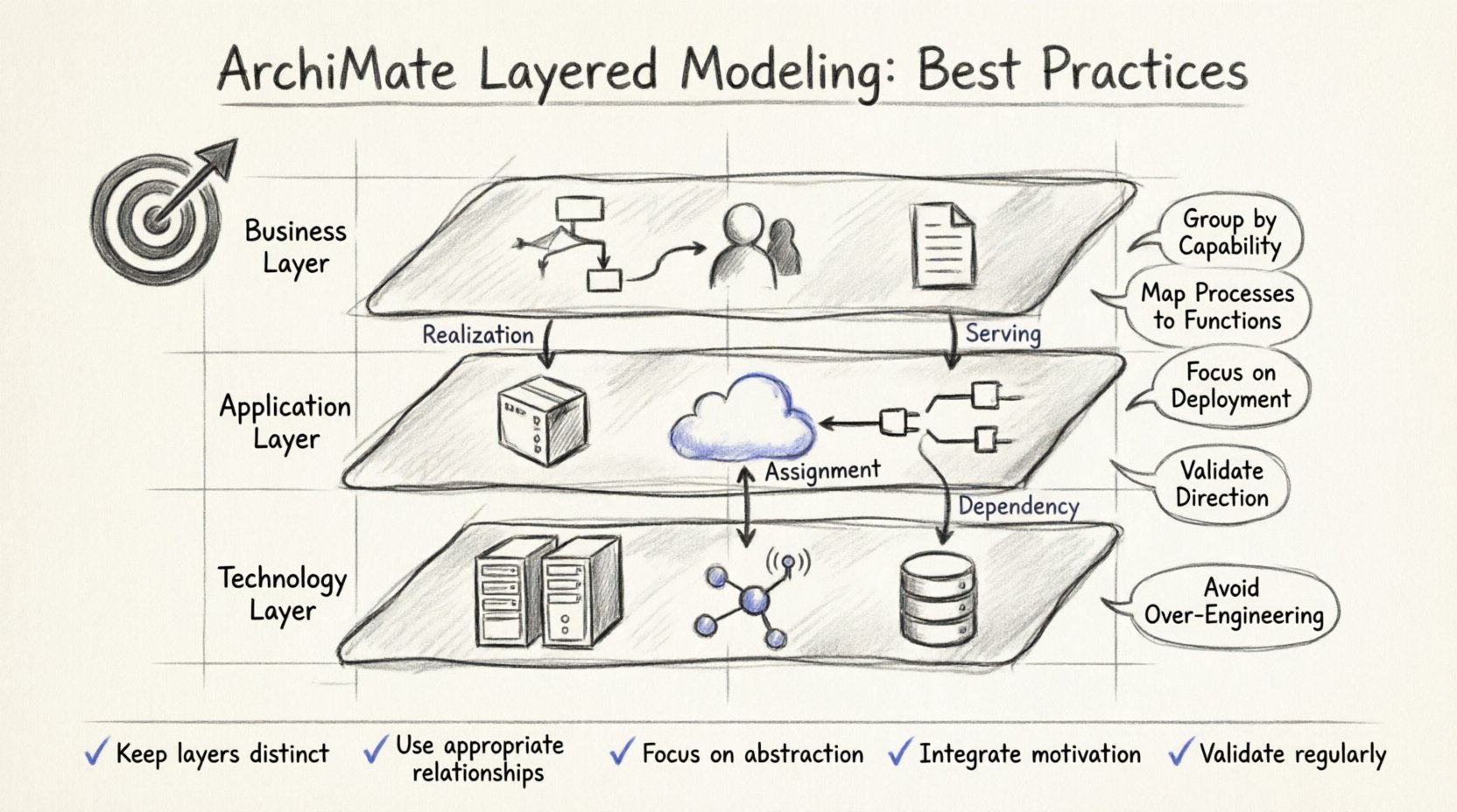 Hand-drawn sketch infographic illustrating ArchiMate layered modeling best practices for enterprise architecture, showing Business, Application, and Technology layers with key elements, cross-layer relationships like realization and serving, modeling guidelines, and strategic takeaways for clear architecture documentation