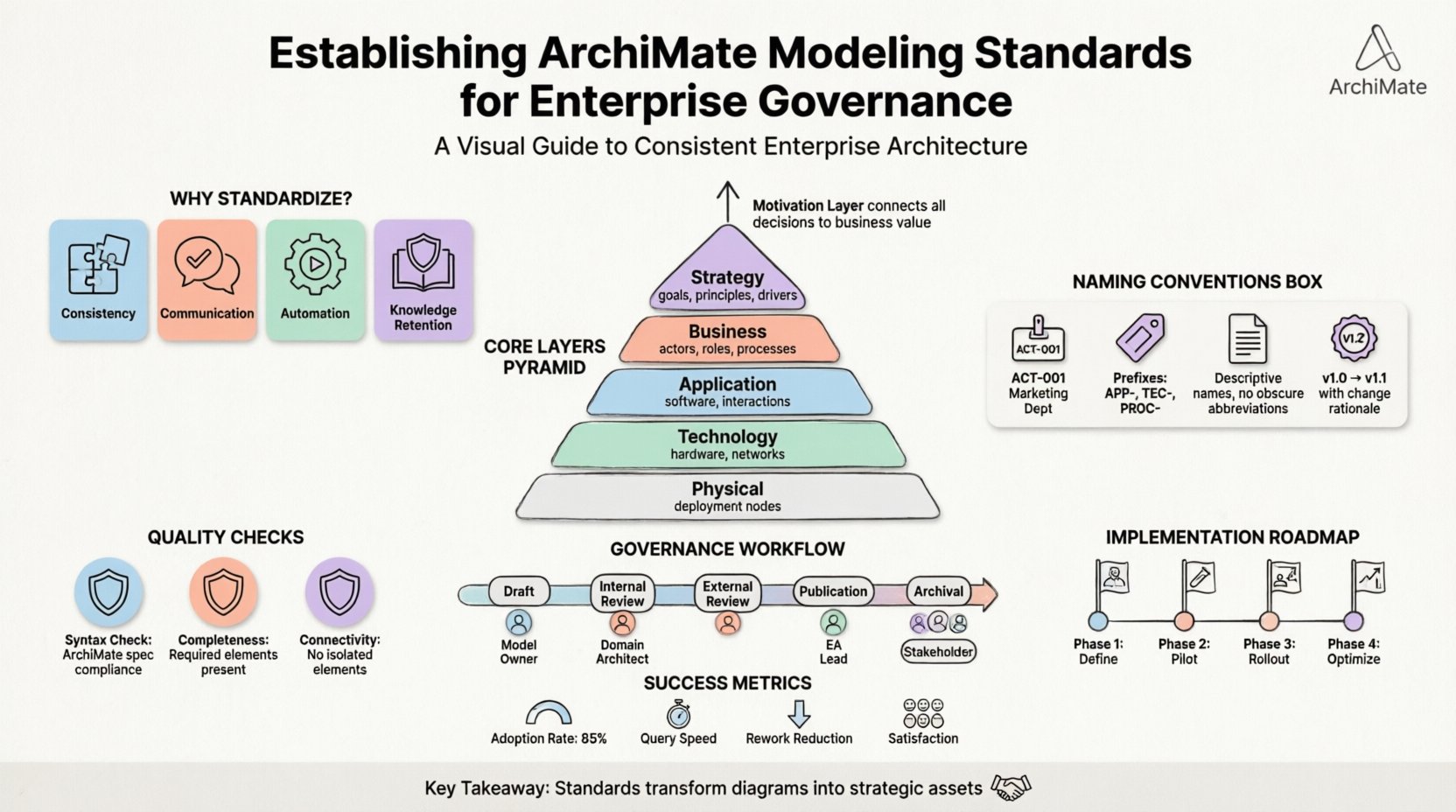 Infographic illustrating ArchiMate modeling standards for enterprise governance featuring layered architecture pyramid, naming convention examples, governance workflow timeline, quality assurance checks, and four-phase implementation roadmap, designed with clean flat style, black outlined icons, and pastel accent colors on white background