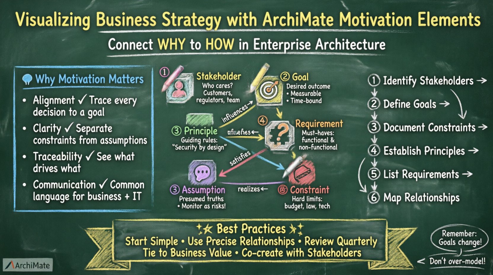 Chalkboard-style educational infographic illustrating ArchiMate Motivation Elements for business strategy visualization. Features six core elements: Stakeholder, Goal, Principle, Requirement, Assumption, and Constraint, each with icons and hand-written chalk descriptions. Shows key relationships (satisfies, influences, realizes, aggregates), a 6-step modeling workflow, and best practices for enterprise architecture alignment. Designed with colorful chalk handwriting on dark green board background, teacher-style annotations, and clear visual hierarchy for easy comprehension.
