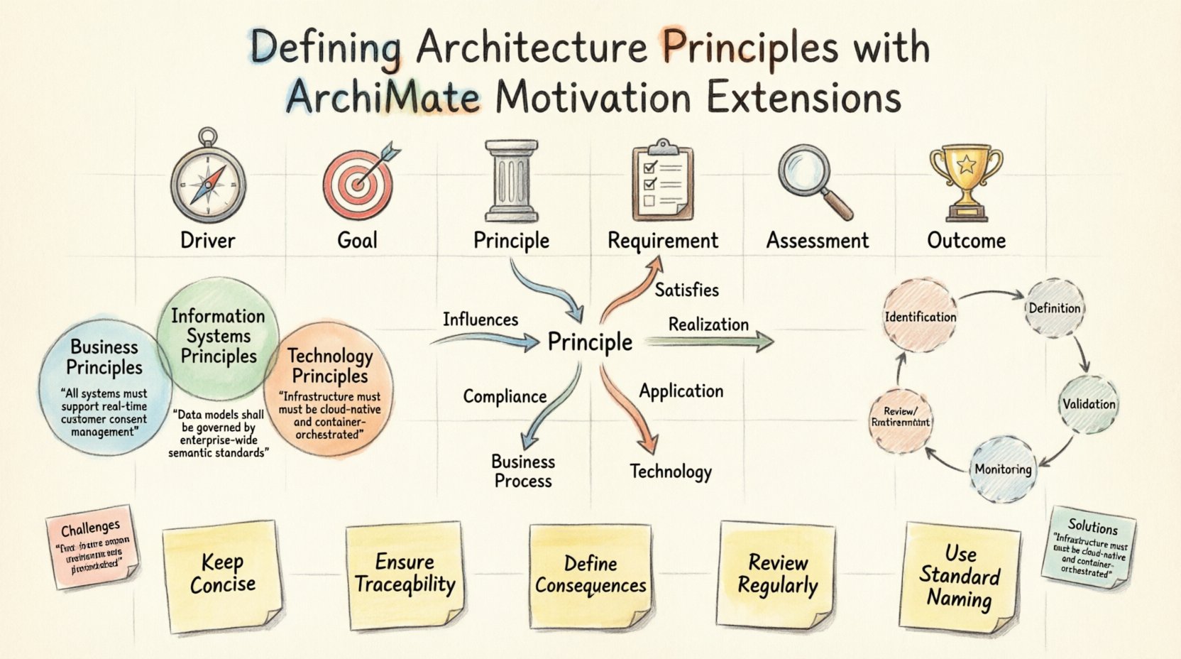 Hand-drawn infographic illustrating how to define enterprise architecture principles using ArchiMate Motivation Extension, showing key elements like Drivers, Goals, Principles, Requirements, their relationships, lifecycle stages, and best practices for modeling and governance