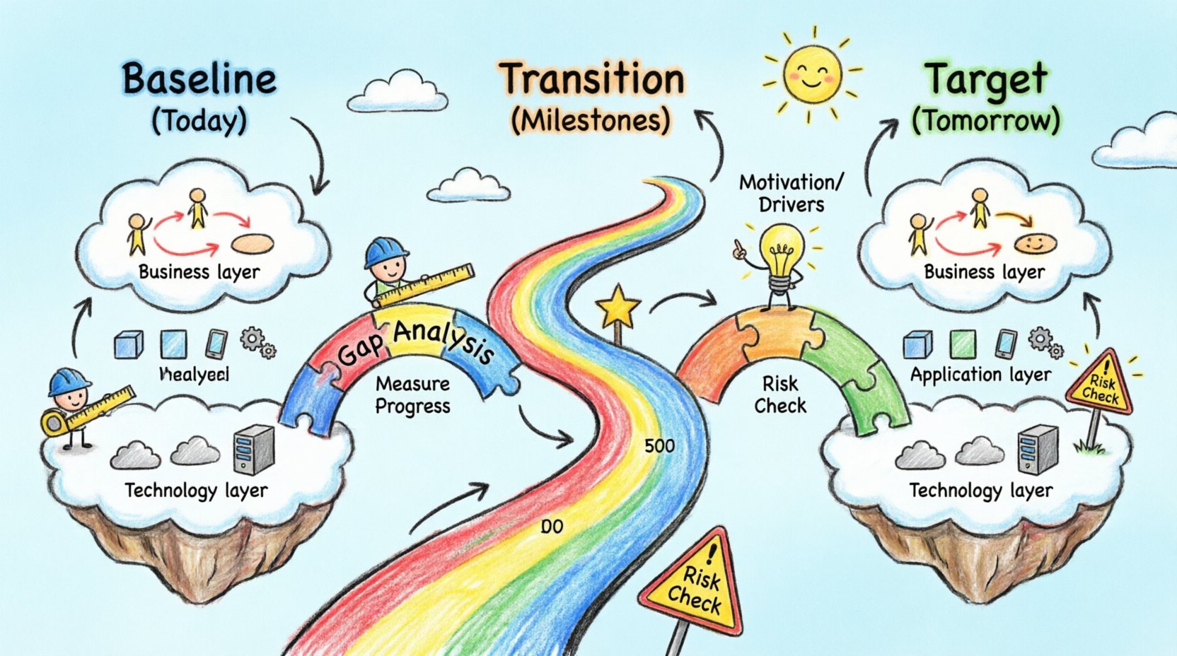 Child-style drawing infographic illustrating ArchiMate plateaus concept: a colorful winding journey path from Baseline (current as-is state) through Transition milestone stepping stones to Target (future to-be state), with Business layer (people icons), Application layer (app boxes), and Technology layer (cloud servers) shown as stacked puzzle pieces on each plateau, demonstrating how enterprise architecture evolves over time with dependencies, risk management, and progress metrics