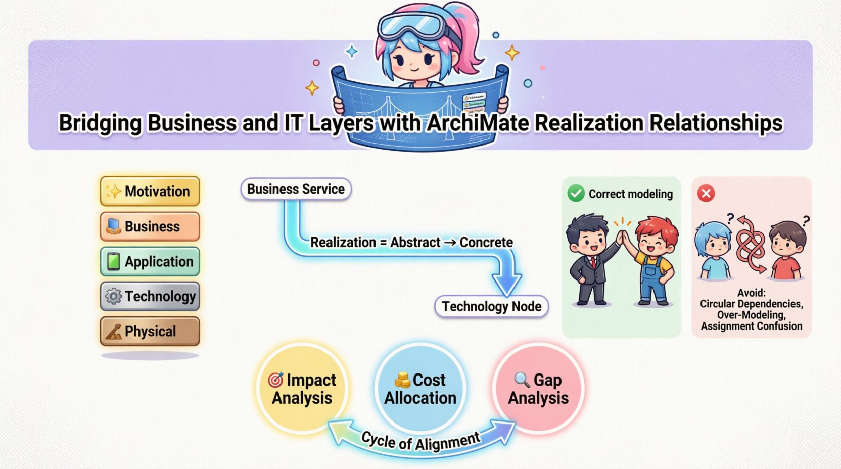 Chibi-style infographic illustrating ArchiMate realization relationships that bridge business and IT layers: shows vertical stack of Motivation, Business, Application, Technology, and Physical layers with cute character icons; downward-pointing realization arrows demonstrating how abstract business services are implemented by concrete application functions and technology nodes; visual comparison of correct modeling practices versus common pitfalls like circular dependencies and assignment confusion; highlighted strategic benefits including impact analysis, cost allocation, and gap analysis; all designed with soft pastel colors, friendly chibi characters, and clear English labels to make enterprise architecture concepts accessible and engaging.