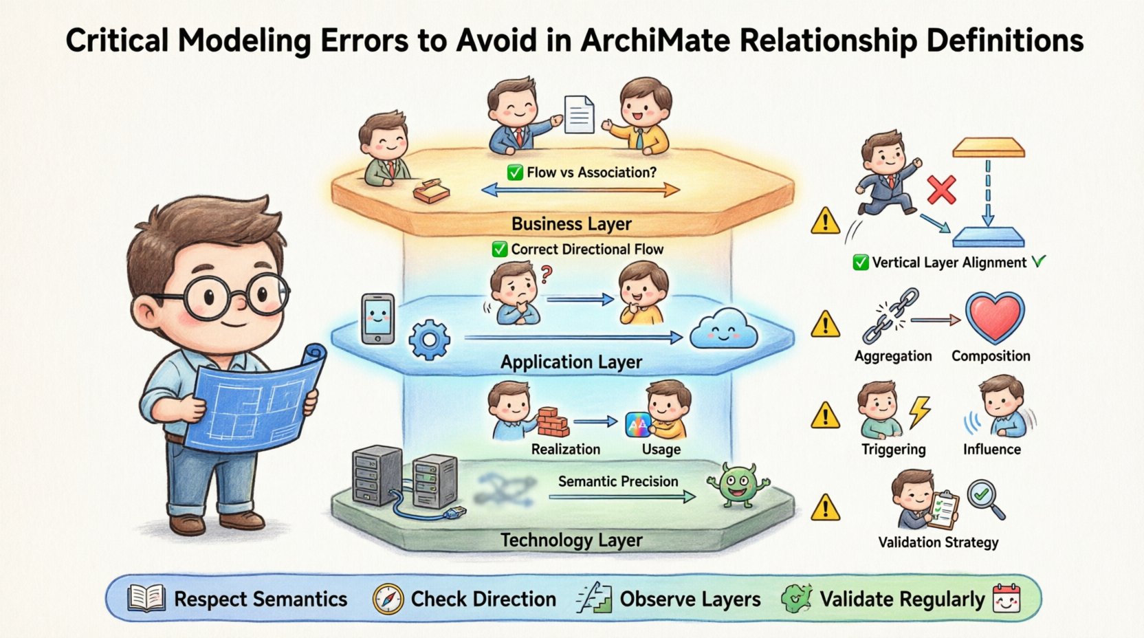 Chibi-style infographic illustrating critical modeling errors to avoid in ArchiMate relationship definitions for enterprise architecture, featuring cute characters demonstrating proper usage of Flow, Association, Access, Usage, Realization, Aggregation, Composition, and Triggering relationships across Business, Application, and Technology layers with visual warnings, corrections, and key takeaways for model validation and governance