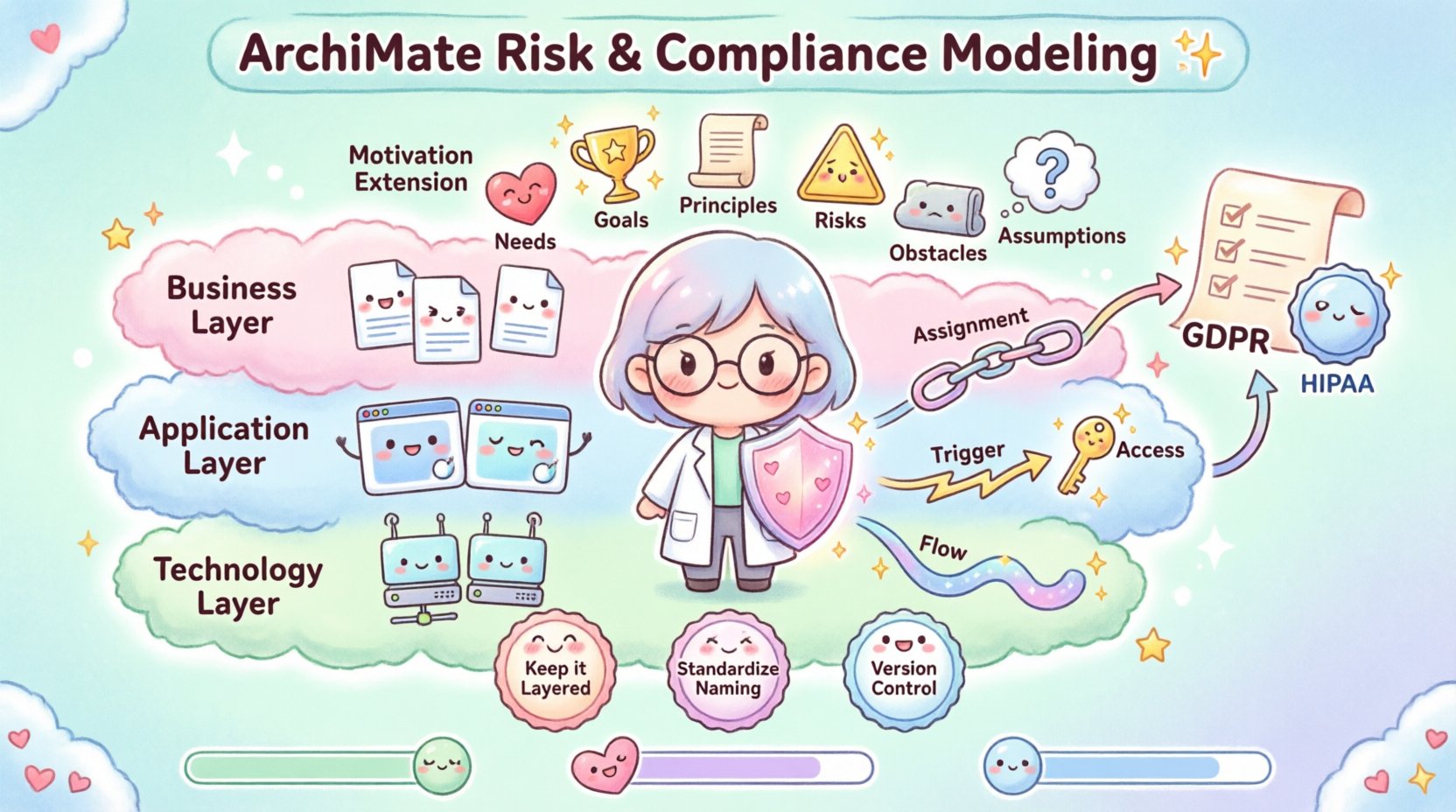 Kawaii-style infographic illustrating ArchiMate framework for risk and compliance modeling: features cute chibi architect mascot, three layered clouds representing Business/Application/Technology layers with adorable icons, Motivation Extension elements (Needs, Goals, Risks, Principles) as sparkling stars, compliance badges for GDPR/HIPAA, colorful ribbon relationships showing Assignment/Trigger/Access/Flow connections, best practice badges, and KPI progress bars - all in soft pastel colors with rounded kawaii aesthetics to visualize enterprise risk management concepts intuitively