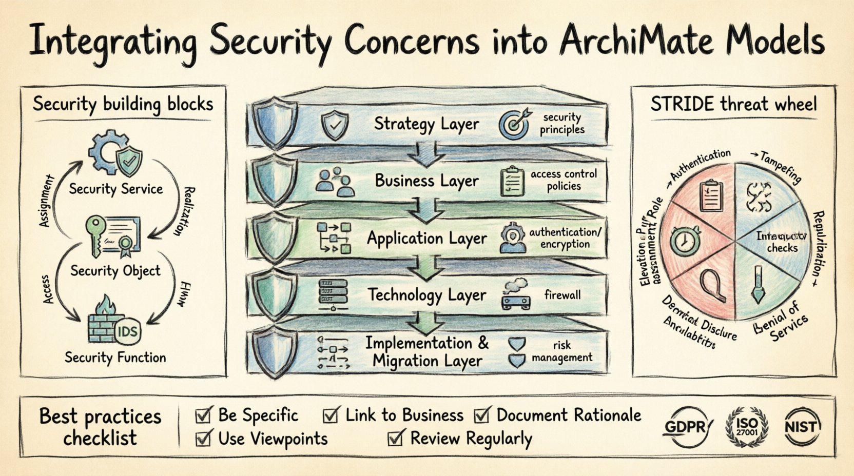 Hand-drawn infographic illustrating how to integrate security concerns into ArchiMate enterprise architecture models, featuring the five ArchiMate layers (Strategy, Business, Application, Technology, Implementation) with mapped security controls, security objects and relationships, STRIDE threat model integration, compliance frameworks (GDPR, ISO 27001, NIST), and best practices for security architecture - presented with thick outline strokes and sketchy illustration aesthetic