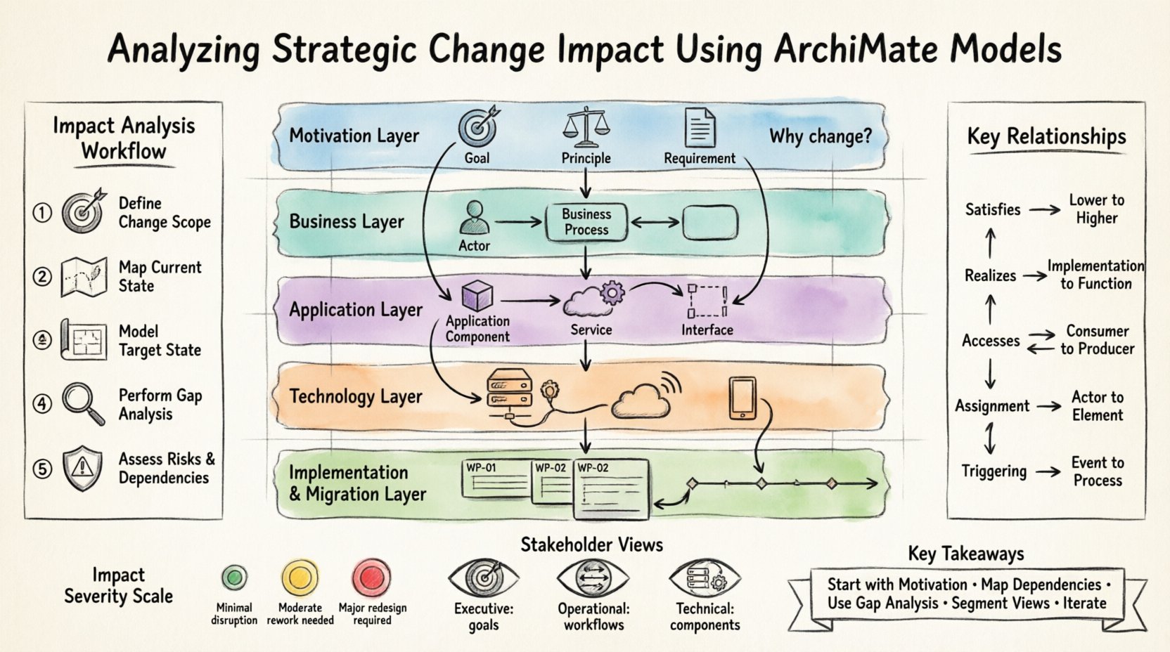 Sketch-style infographic illustrating strategic change impact analysis using ArchiMate enterprise architecture models, featuring the five-layer framework (Motivation, Business, Application, Technology, Implementation & Migration), 5-step impact analysis workflow, key relationship types with propagation logic, impact severity levels (Low/Medium/High), and stakeholder-specific views for effective change management and risk assessment