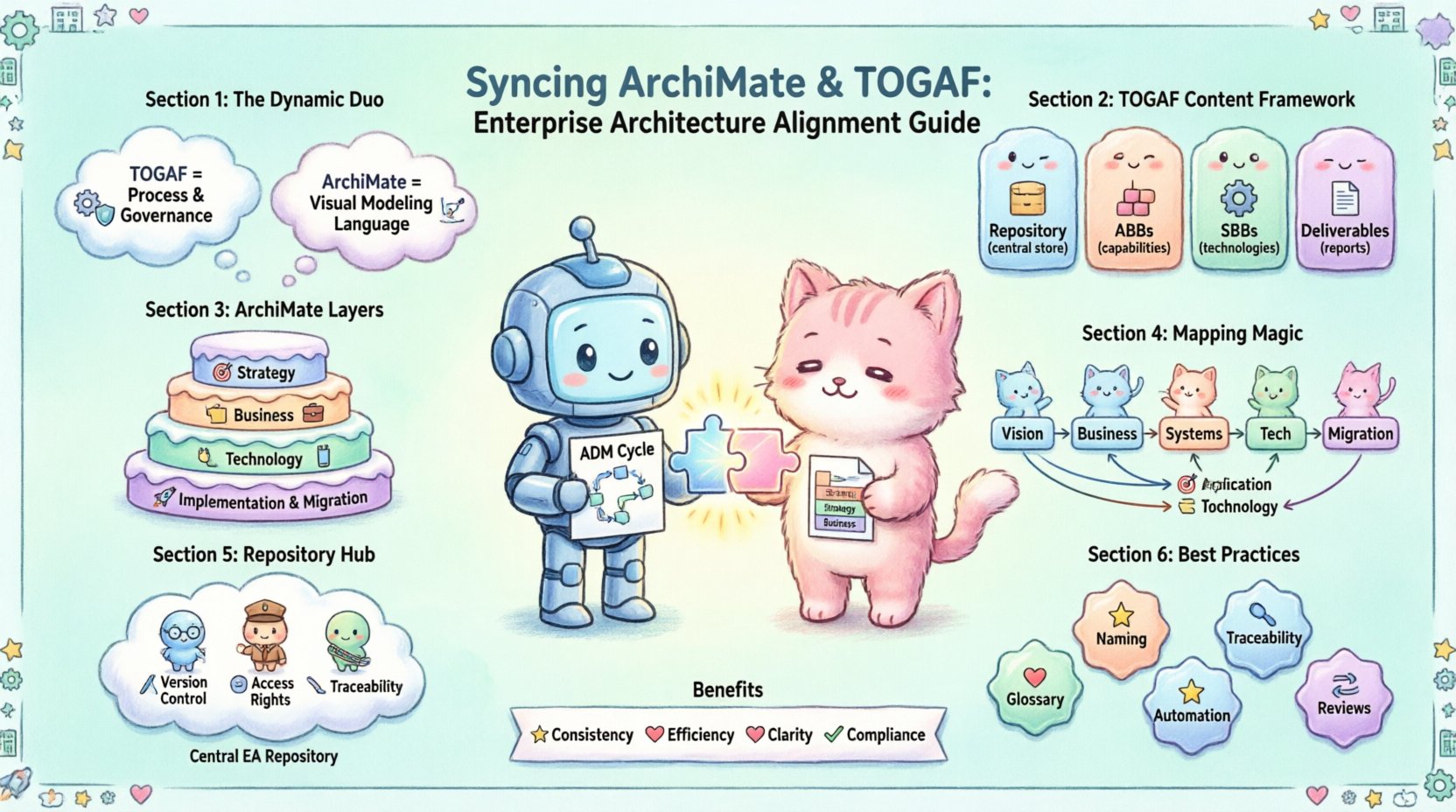 Kawaii-style infographic illustrating how to sync ArchiMate deliverables with TOGAF Content Framework, featuring cute chibi characters representing TOGAF process methodology and ArchiMate visual modeling language, with sections showing TOGAF repository components (ABBs, SBBs, deliverables), ArchiMate's five architecture layers (Strategy, Business, Application, Technology, Implementation), ADM phase-to-layer mapping strategies, repository management pillars (version control, access rights, traceability), five best practices, and four key benefits: consistency, efficiency, clarity, and compliance for enterprise architecture alignment