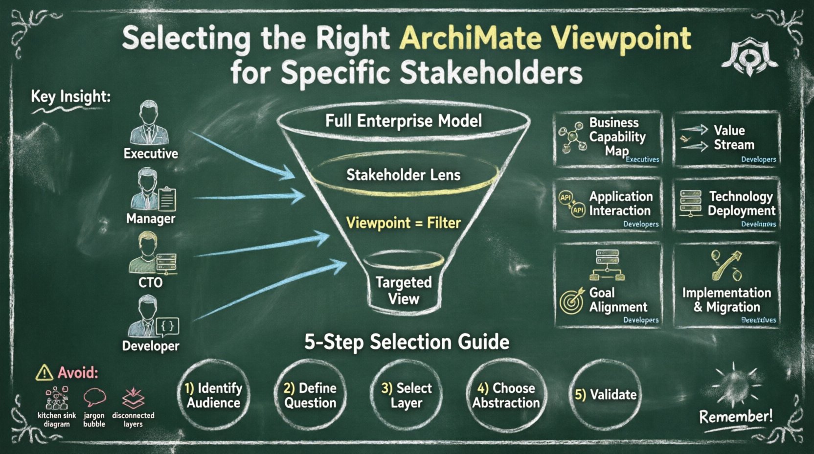 Chalkboard-style infographic illustrating how to select the right ArchiMate viewpoint for specific stakeholders: strategic leaders, business managers, technical management, and developers. Features a viewpoint filter diagram, stakeholder-to-viewpoint mapping matrix, business/application/technology layer breakdowns, and a 5-step selection guide with hand-drawn chalk aesthetics for enterprise architecture communication.
