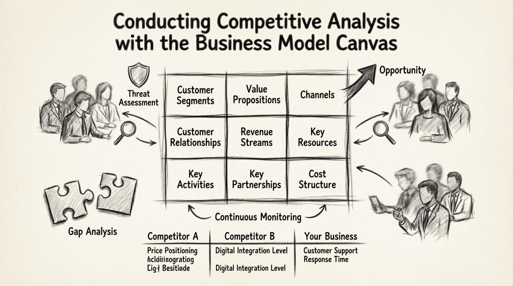 Charcoal sketch infographic illustrating competitive analysis using the Business Model Canvas framework, featuring the nine building blocks (Customer Segments, Value Propositions, Channels, Customer Relationships, Revenue Streams, Key Resources, Key Activities, Key Partnerships, Cost Structure) arranged in a visual grid, with competitor comparison elements, opportunity gap indicators, threat assessment symbols, and a simplified comparison table, all rendered in monochrome contour style with hand-lettered English typography on textured sketch paper background, 16:9 aspect ratio