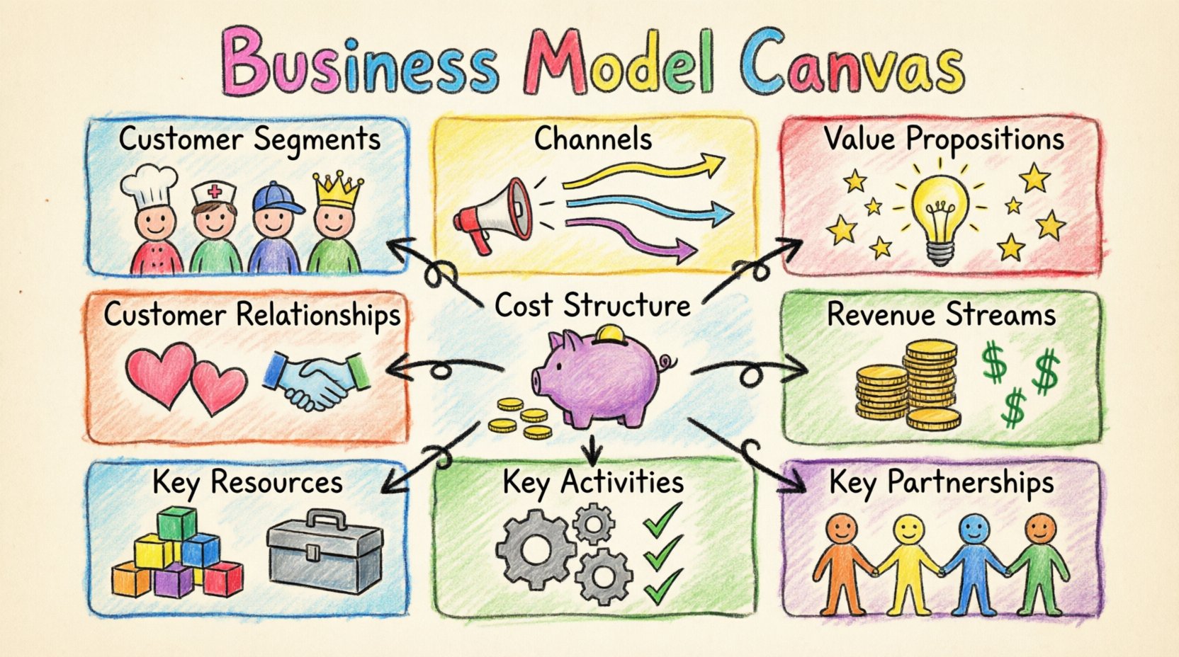 Child's drawing style infographic illustrating the 9 building blocks of the Business Model Canvas framework: Customer Segments, Value Propositions, Channels, Customer Relationships, Revenue Streams, Key Resources, Key Activities, Key Partnerships, and Cost Structure, presented as colorful puzzle pieces with playful icons to simplify complex business strategy visualization