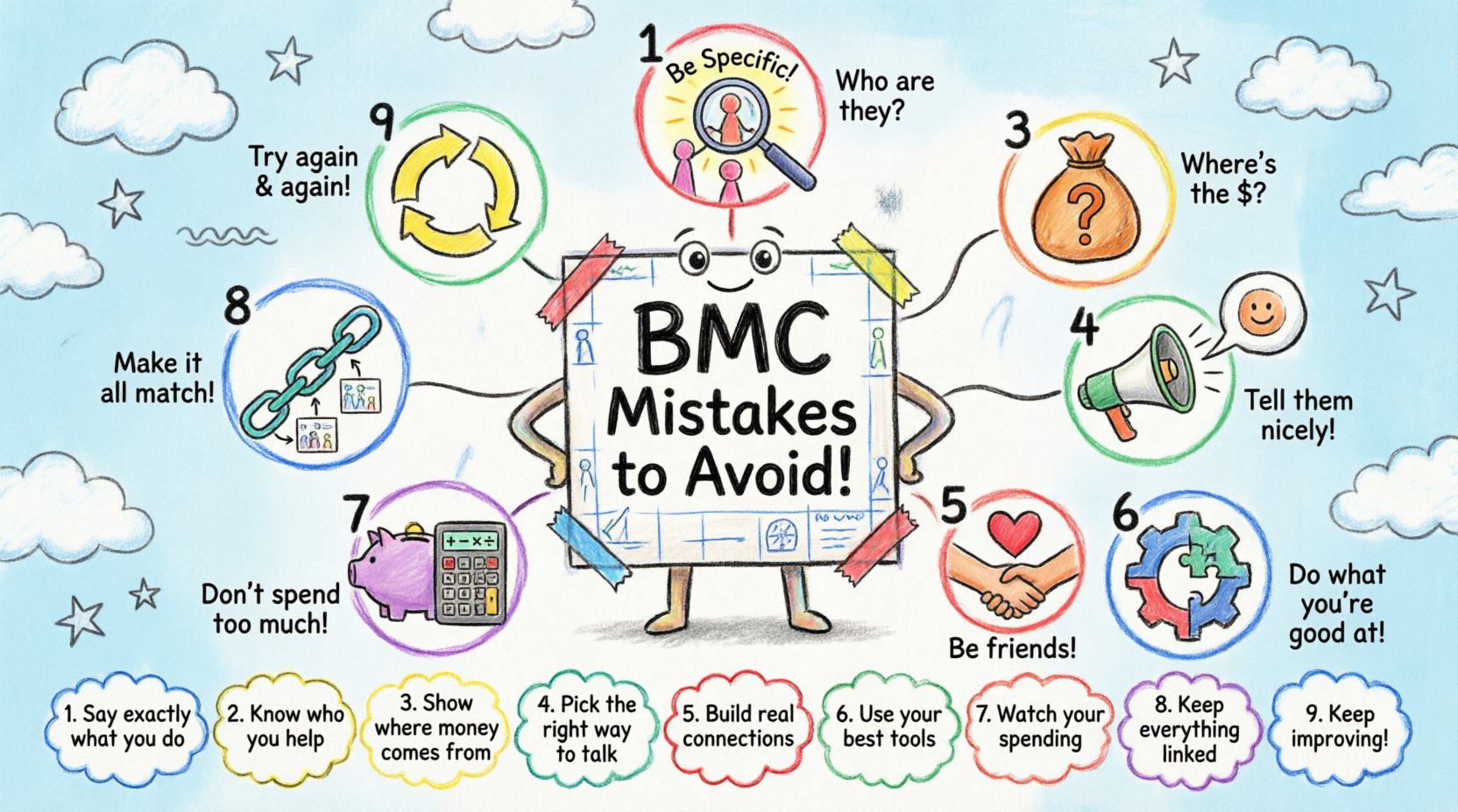 Child's drawing style infographic summarizing 9 critical errors to avoid when designing a Business Model Canvas: vague value proposition, unclear customer segments, flawed revenue assumptions, poor channel selection, weak customer relationships, operational confusion, cost blind spots, internal inconsistency, and failure to iterate. Colorful hand-drawn educational poster with playful icons, crayon textures, and simple tips for entrepreneurs and strategists.