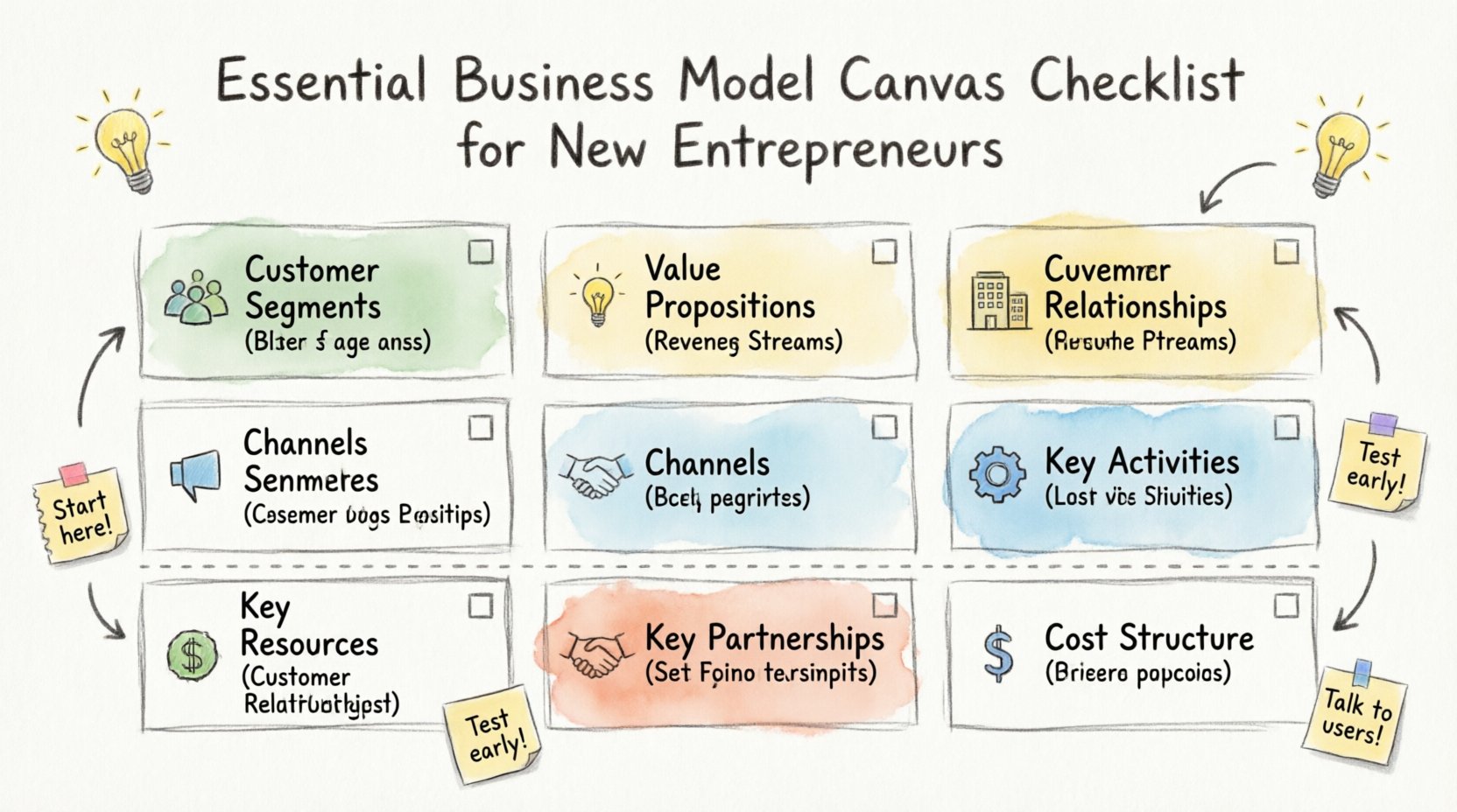 Hand-drawn infographic of the Business Model Canvas checklist for new entrepreneurs, showing all 9 building blocks: Customer Segments, Value Propositions, Channels, Customer Relationships, Revenue Streams, Key Resources, Key Activities, Key Partnerships, and Cost Structure, with icons, checklist boxes, and core questions in a sketchy watercolor style on 16:9 layout