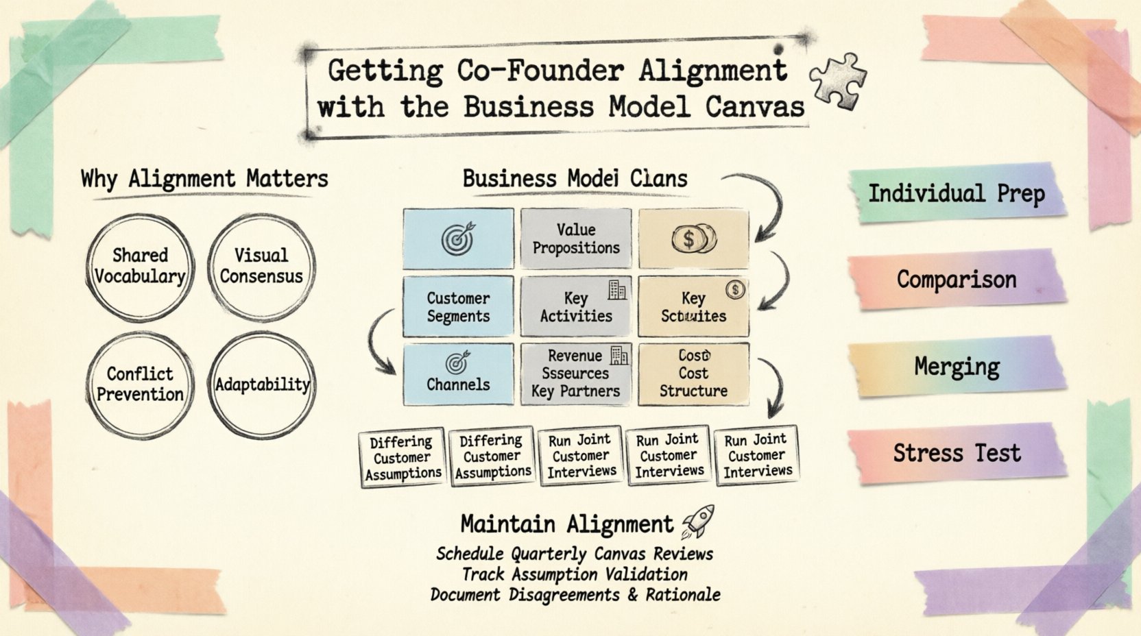 Infographic illustrating how co-founders can achieve strategic alignment using the Business Model Canvas, featuring the 9 building blocks organized into Value/Customers, Infrastructure, and Financials sections, plus a 4-step alignment workshop process, common friction point resolutions, and maintenance tips, all presented in a decorative stamp and washi tape visual style