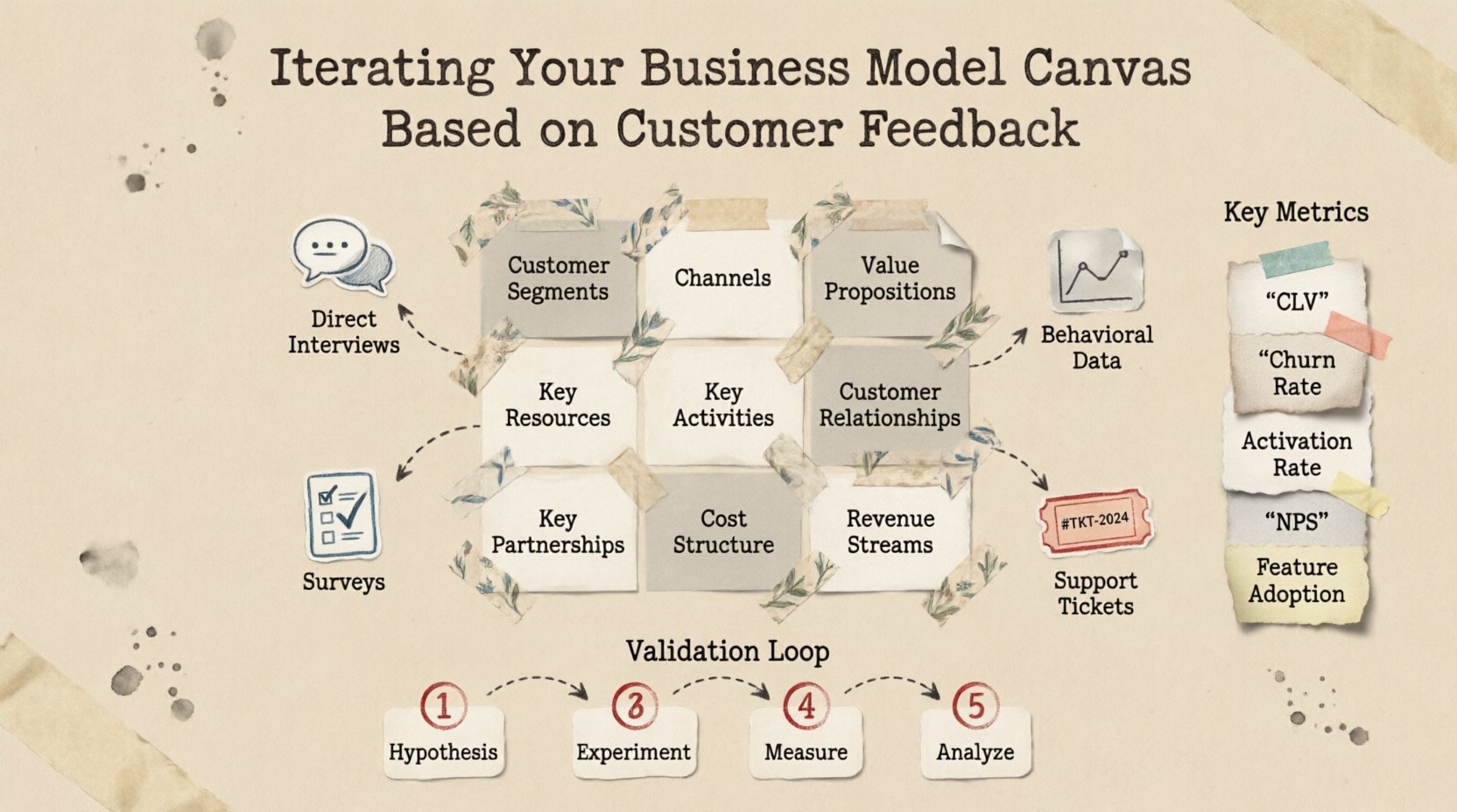 Infographic illustrating how to iterate the Business Model Canvas using customer feedback, featuring the 9 BMC blocks (Customer Segments, Value Propositions, Channels, Customer Relationships, Revenue Streams, Key Resources, Key Activities, Key Partnerships, Cost Structure), feedback collection methods (interviews, behavioral data, surveys, support tickets), a validation loop cycle (hypothesis→experiment→measure→analyze→decide), and key success metrics (CLV, churn rate, activation rate, NPS, feature adoption), designed in a crafty stamp and washi tape style with kraft paper background and hand-stamped typography