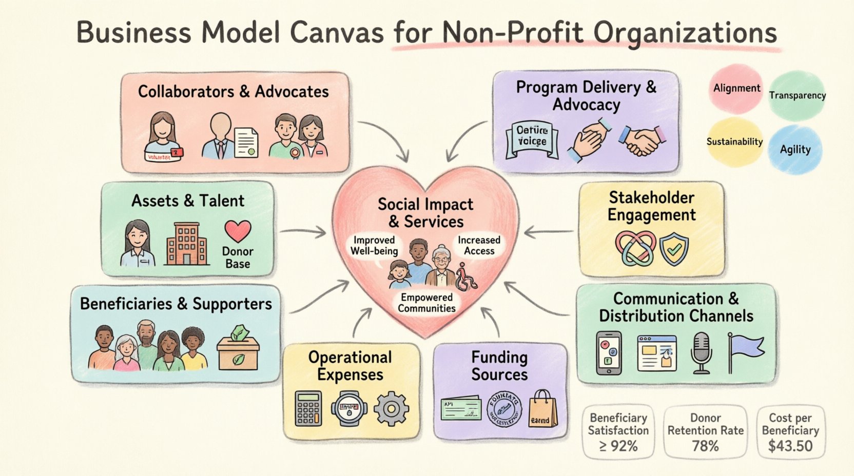 Cartoon-style 16:9 infographic illustrating the Business Model Canvas adapted for non-profit organizations, displaying the nine building blocks: collaborators and advocates, program delivery and advocacy, assets and talent, social impact value propositions, stakeholder engagement, beneficiaries and supporters, communication channels, operational expenses, and funding sources, with key benefits of alignment, transparency, sustainability, and agility highlighted