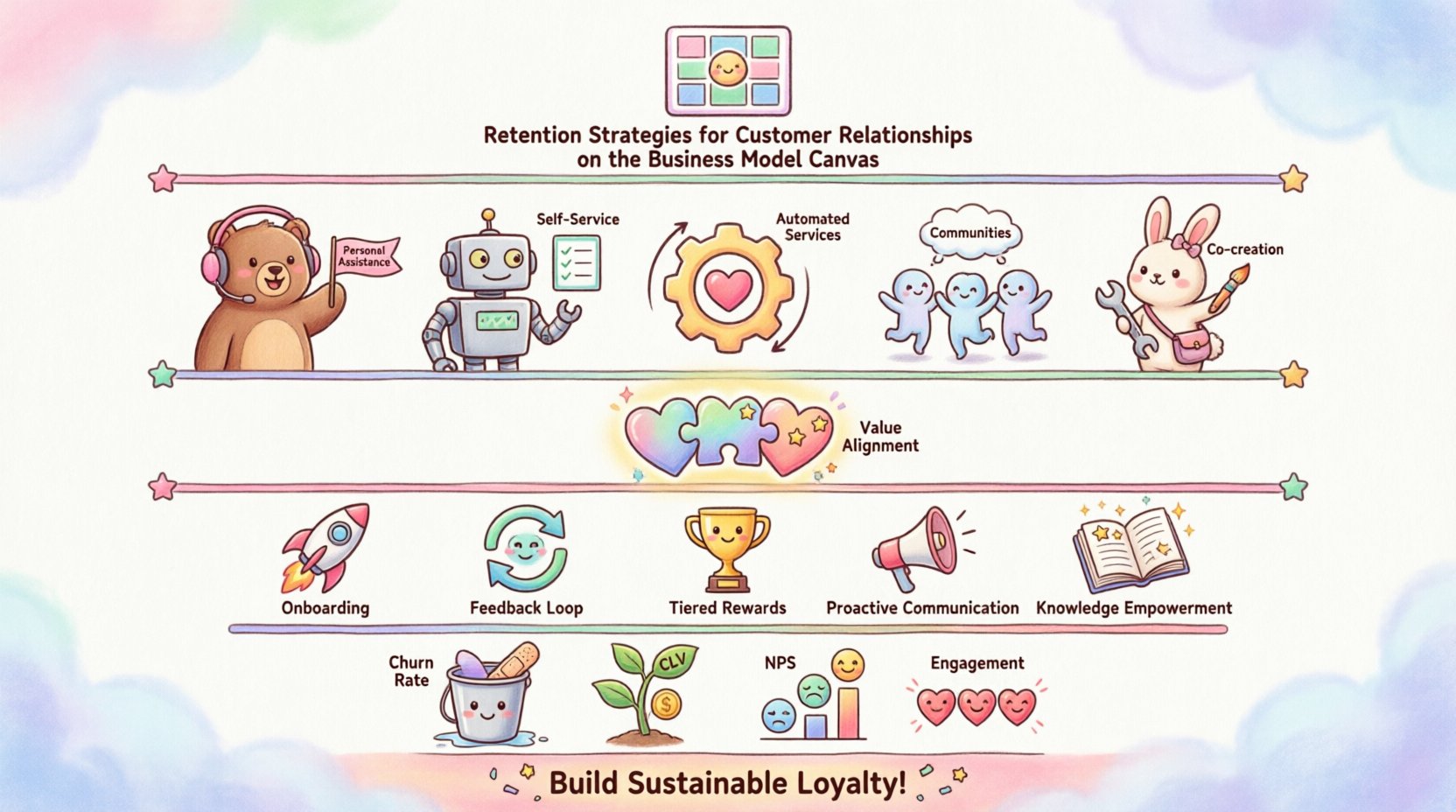 Kawaii-style infographic summarizing retention strategies for customer relationships on the Business Model Canvas, featuring five relationship types (Personal Assistance, Self-Service, Automated Services, Communities, Co-creation), loyalty tactics like onboarding and feedback loops, key metrics including churn rate and CLV, and implementation steps in a cute pastel-colored visual guide