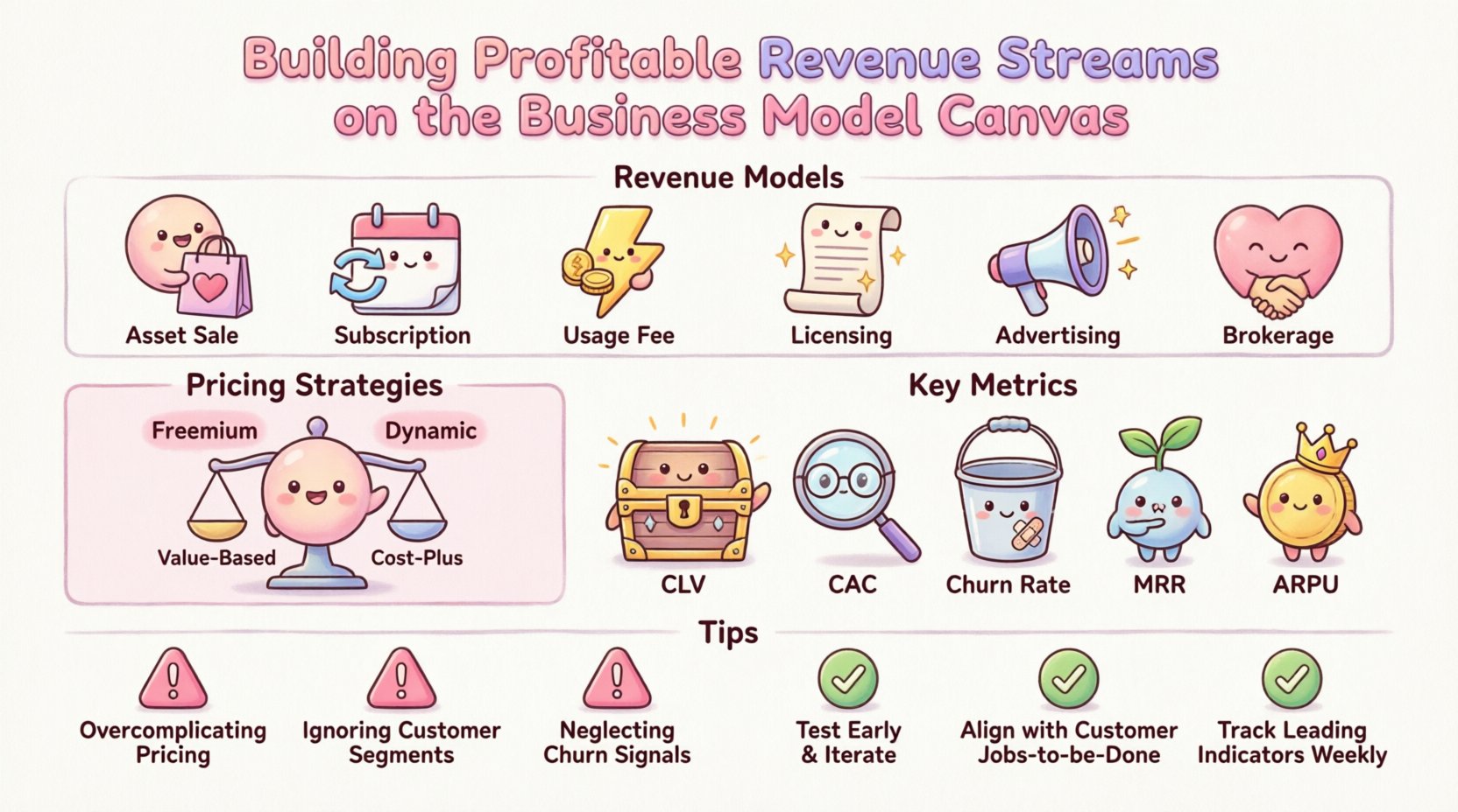Kawaii-style infographic summarizing profitable revenue streams on the Business Model Canvas, featuring six revenue models (asset sale, subscription, usage fees, licensing, advertising, brokerage), pricing strategies, key metrics (CLV, CAC, churn rate, MRR, ARPU), and best practices for sustainable business growth in cute pastel illustration style