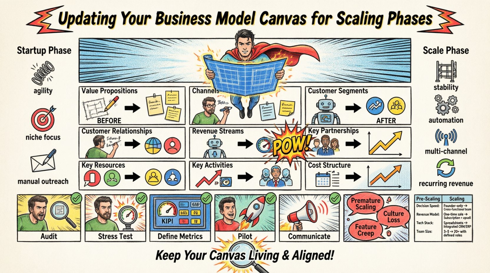 Comic book style infographic illustrating how to update the Business Model Canvas for scaling phases, featuring 9 building blocks with before-and-after transformations from startup to scale, implementation roadmap steps, common pitfalls warnings, and key shifts including agility to stability, manual to automated channels, and niche to segmented customer strategies