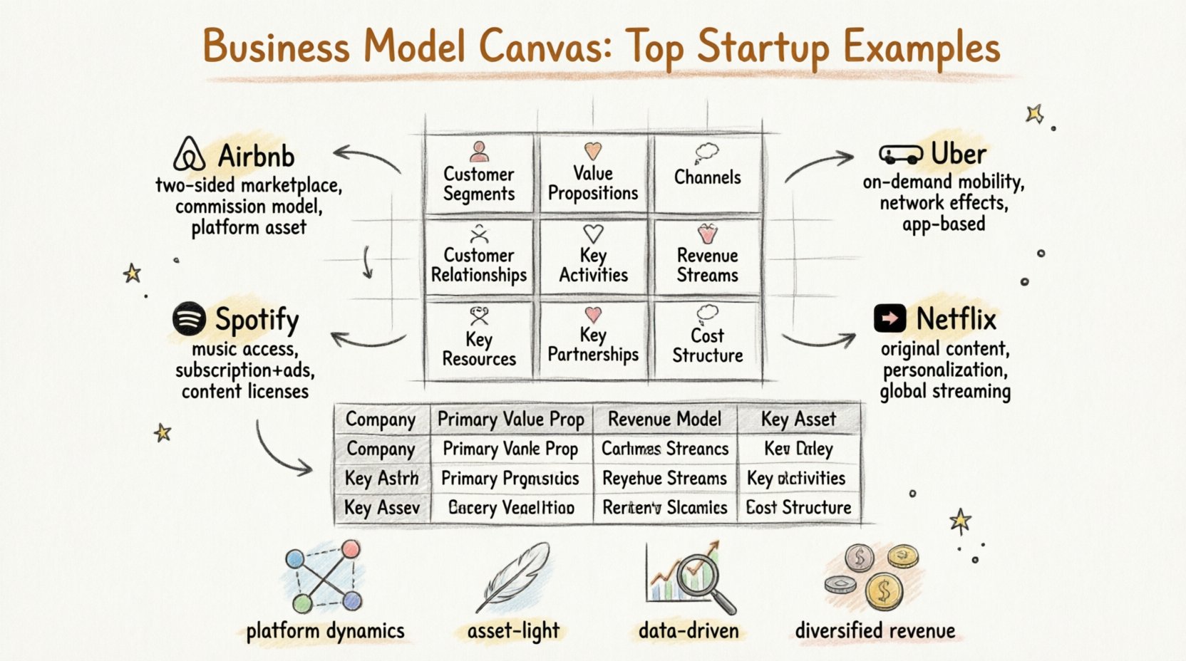 Hand-drawn infographic summarizing Business Model Canvas framework with nine building blocks, featuring analyzed examples from Airbnb, Uber, Spotify, and Netflix including value propositions, revenue models, key assets, and customer relationships, plus common startup success patterns like platform dynamics and data-driven decisions