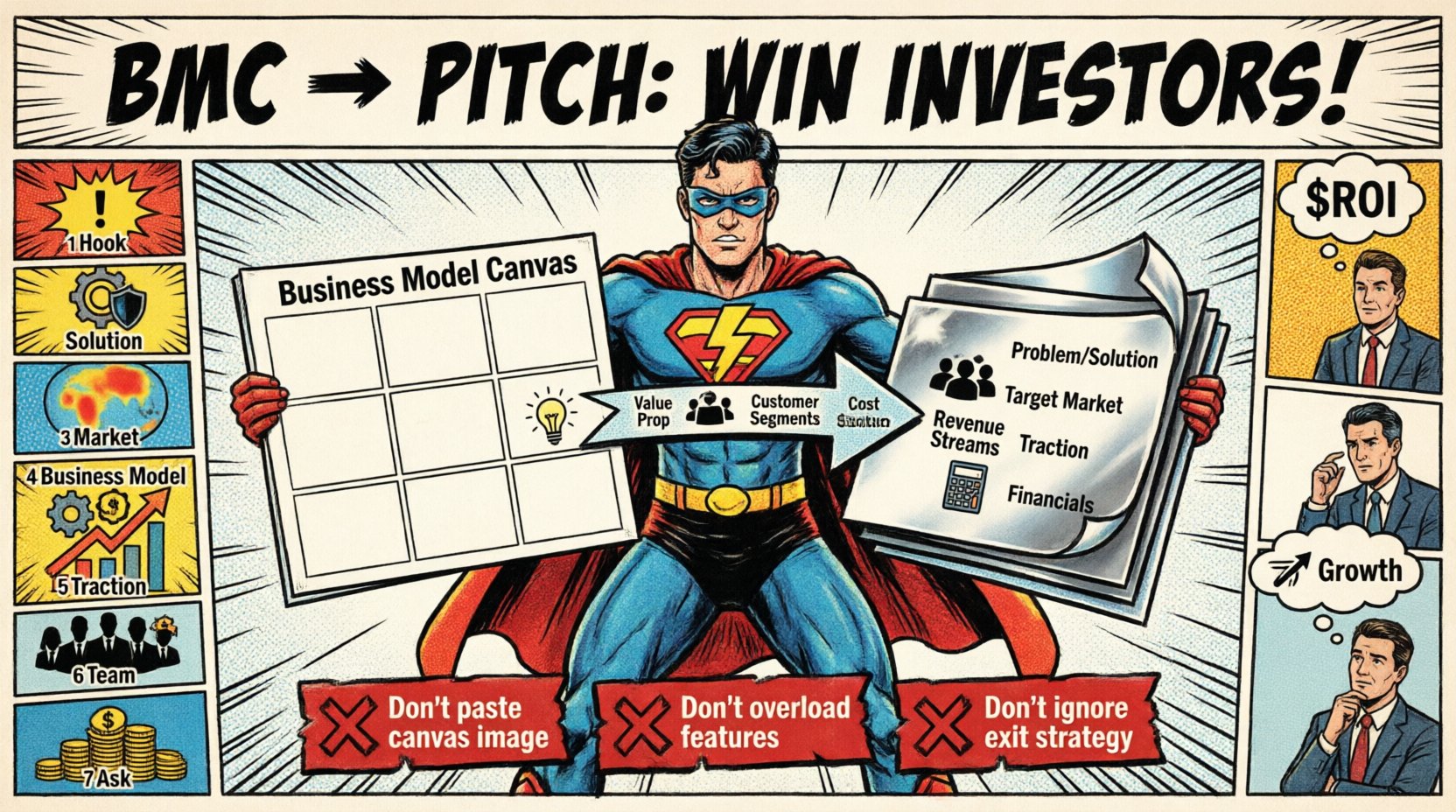 Comic book style infographic showing the transformation of a Business Model Canvas into an investor pitch deck, with visual mappings of value proposition to problem-solution slides, customer segments to target market analysis, revenue streams to traction metrics, cost structure to financial projections, common pitfalls to avoid, and a 7-step pitch flow, all illustrated with a superhero founder character, dynamic panels, speech bubbles, and investor audience