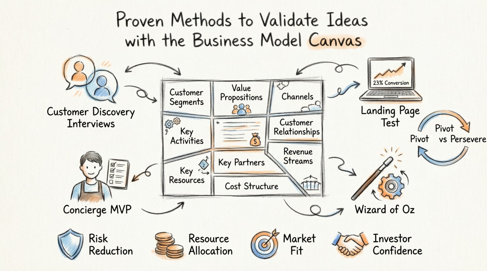 Hand-drawn infographic summarizing proven methods to validate business ideas using the Business Model Canvas, featuring the 9 BMC building blocks, four validation techniques (customer interviews, landing page tests, concierge MVP, Wizard of Oz prototyping), key benefits of validation, and a pivot vs persevere decision framework