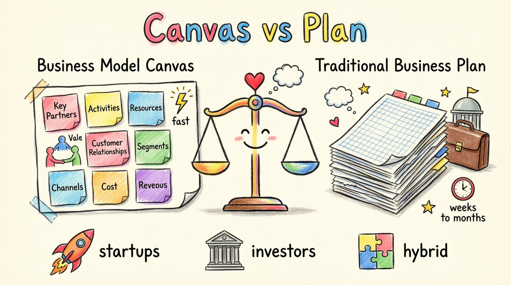 Child's drawing style infographic comparing Business Model Canvas versus Traditional Business Plan, illustrating key differences: one-page visual canvas with 9 building blocks for agile startups versus multi-page detailed document for banks and investors, highlighting format, flexibility, creation time, target audience, and when to use each framework