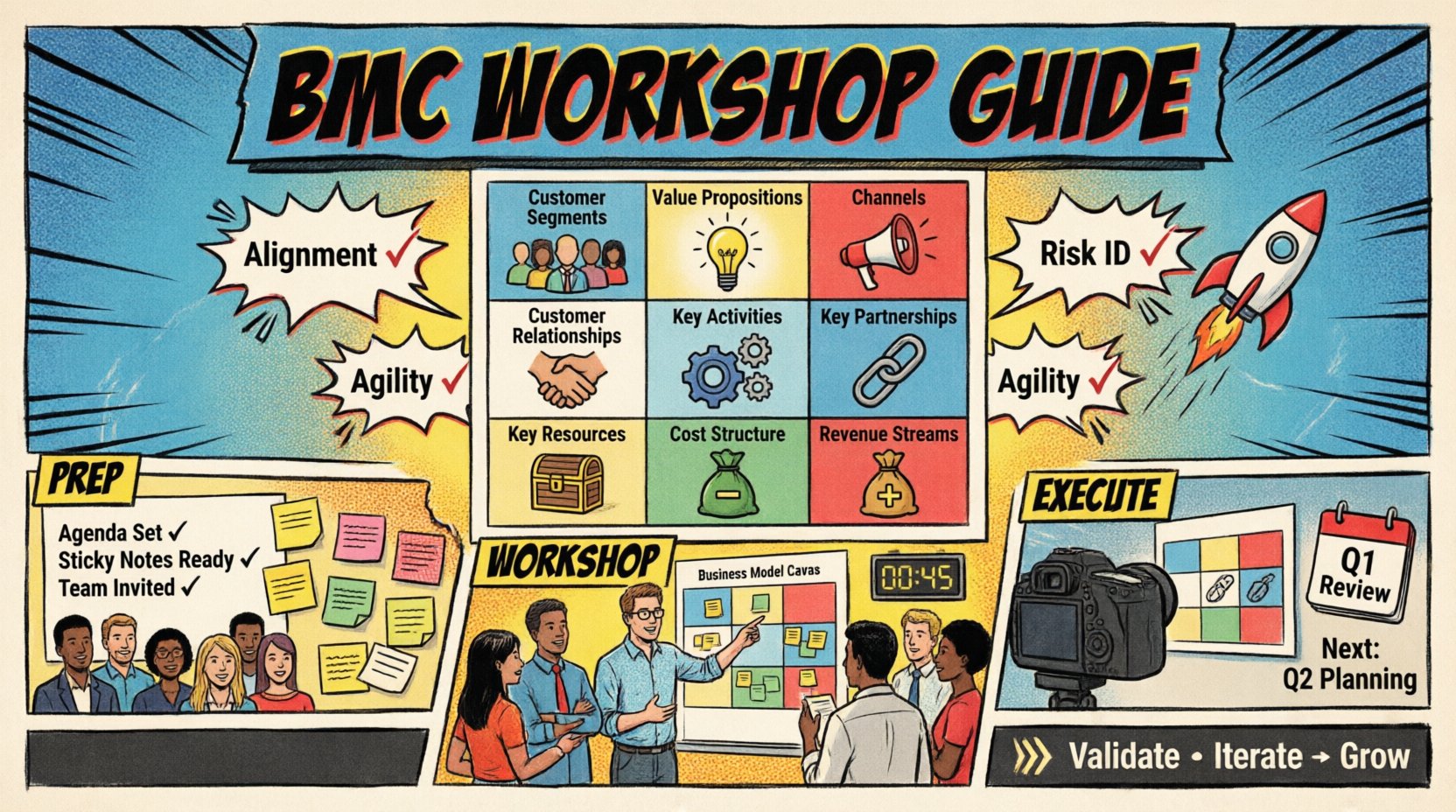 Comic book style infographic summarizing how to facilitate a Business Model Canvas workshop: features the 9 building blocks (Customer Segments, Value Propositions, Channels, Customer Relationships, Key Activities, Key Resources, Partnerships, Cost Structure, Revenue Streams), preparation checklist, workshop agenda timeline, facilitation tips, and post-workshop execution steps in a vibrant 16:9 layout with bold outlines, speech bubbles, and dynamic action graphics