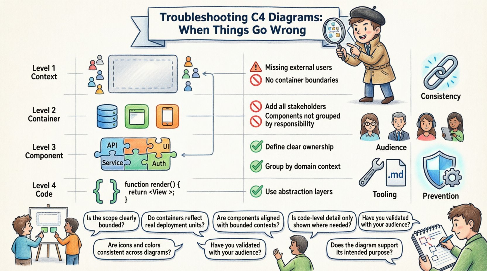 Cartoon infographic illustrating troubleshooting guide for C4 software architecture diagrams, showing four levels (Context, Container, Component, Code) with common issues marked by warning signs and solutions with checkmarks, plus consistency tips, audience considerations, tooling advice, and prevention strategies in a bright, friendly visual style