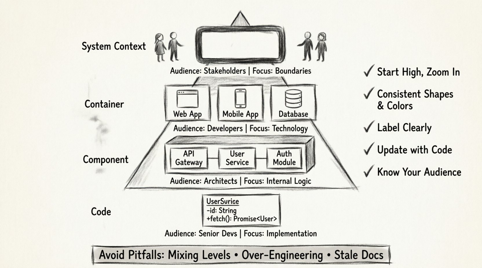 Charcoal sketch infographic illustrating the C4 Model's four levels of software architecture abstraction: System Context, Container, Component, and Code diagrams, with audience targets, focus areas, and best practices for creating readable architecture documentation