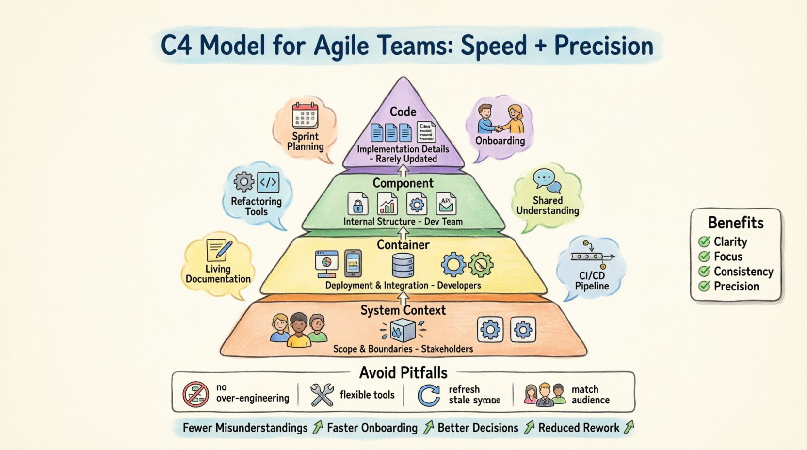 Cartoon infographic illustrating the C4 Model's four architecture levels for agile software teams: System Context (stakeholders and boundaries), Container (deployable units like web apps and microservices), Component (internal logic modules), and Code (implementation details), with agile workflow integration tips, key benefits like clarity and precision, common pitfalls to avoid, and success metrics for faster onboarding and reduced rework