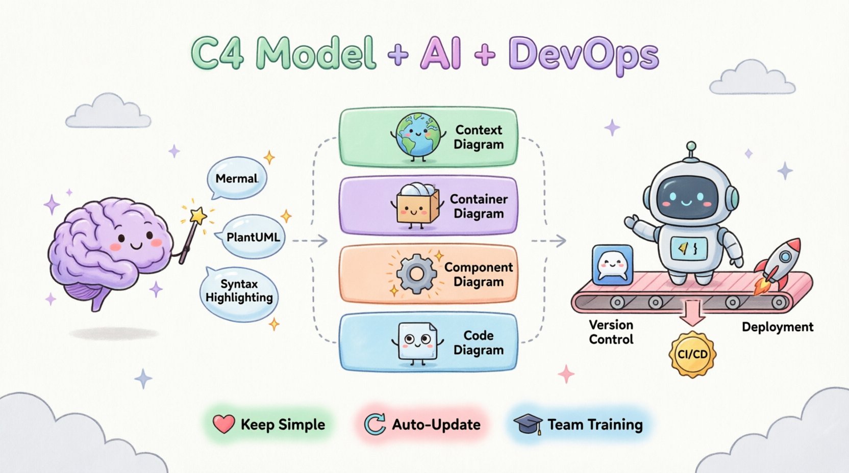 Cute kawaii vector infographic illustrating the C4 Model's four architecture levels (Context, Container, Component, Code) integrated with DevOps pipelines and AI-powered diagram generation, featuring pastel colors, rounded icons, and best practices for modern software teams