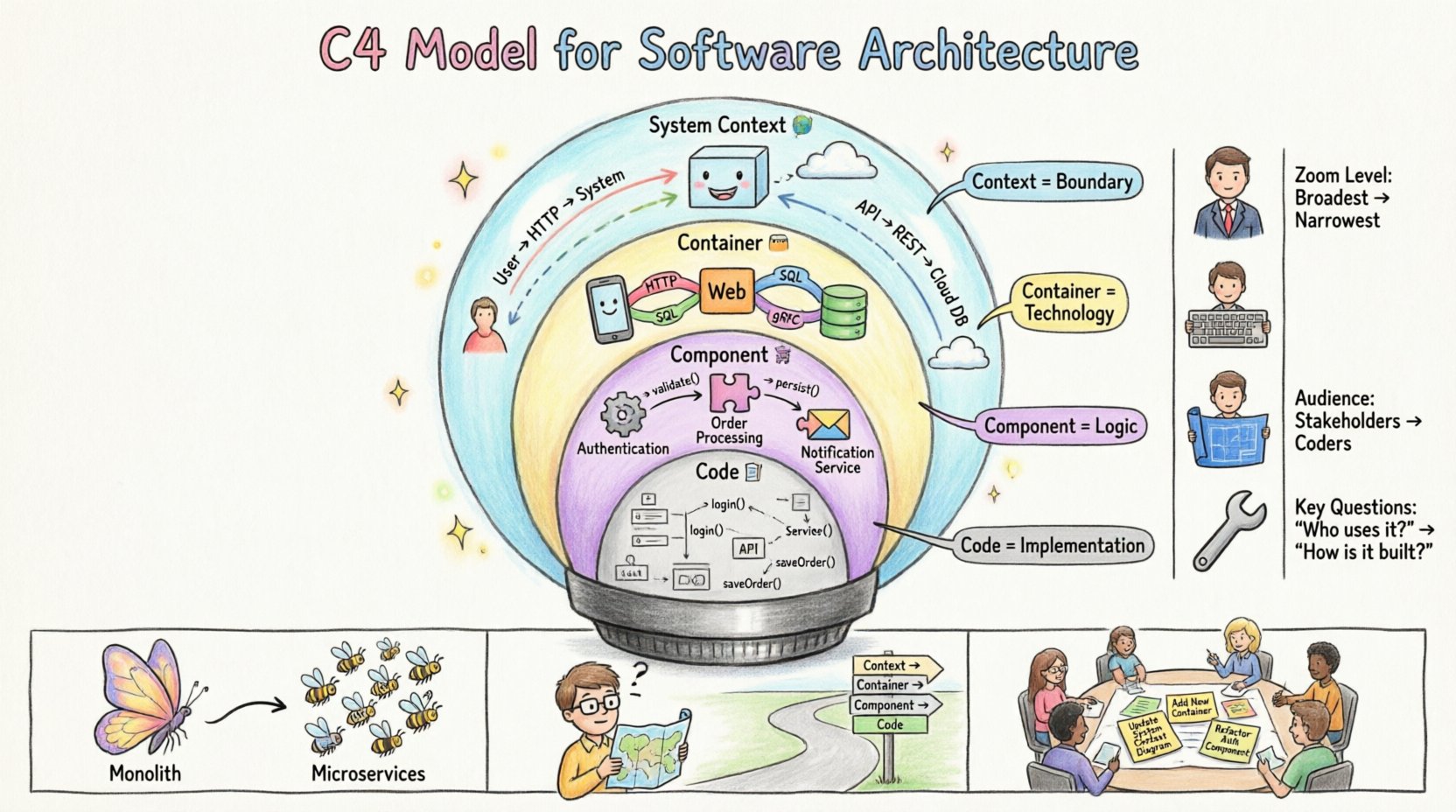 Whimsical infographic illustrating the C4 Model for software architecture with four zoom levels: System Context showing users and external systems, Container diagram with deployment units and technologies, Component diagram revealing internal logic blocks, and Code level with class structures; includes comparison table, real-world scenarios for migration and onboarding, and key takeaways for clear architectural communication