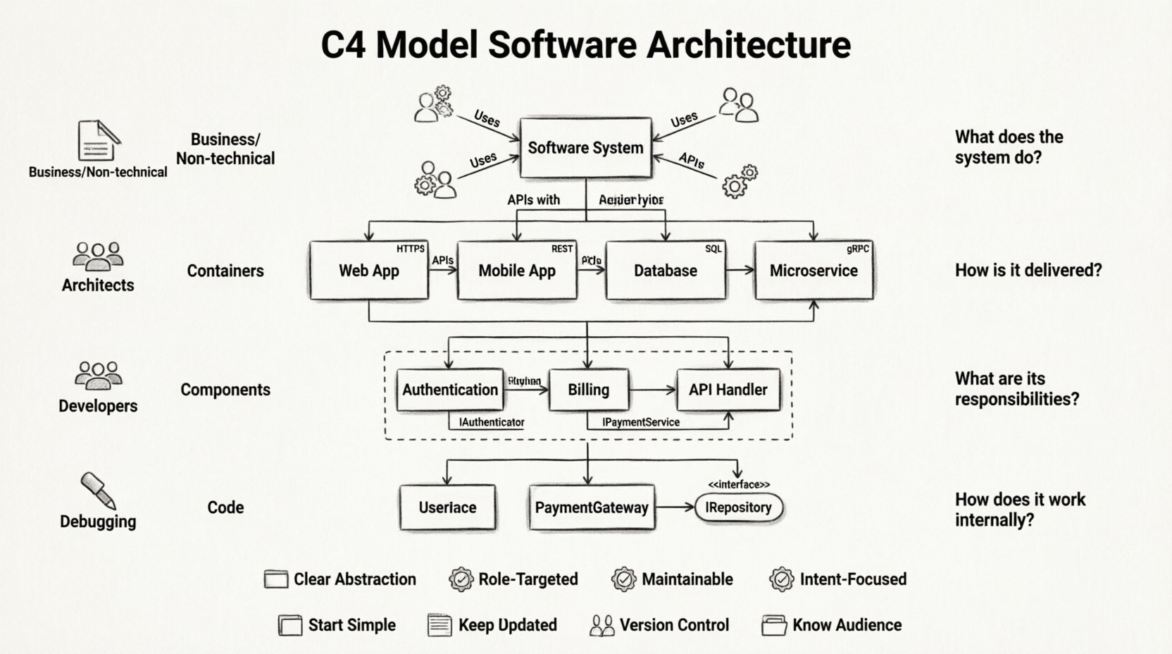 C4 Model software architecture infographic in minimalist line art style showing four hierarchical levels: System Context (users and external systems interacting with a central software box), Containers (deployable units like web apps, databases, microservices with protocol labels), Components (logical code modules with interface connections), and Code (class/interface structures). Includes target audiences per level, key questions answered, C4 vs UML comparison highlights, and best practices for maintainable documentation. Clean black line art on white background, 16:9 aspect ratio, English labels.