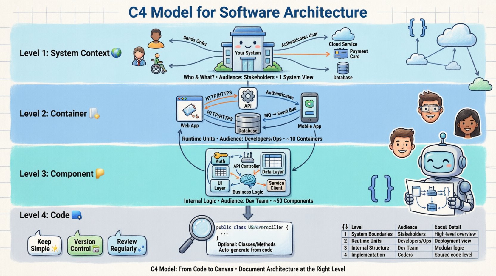 Cartoon infographic illustrating the C4 Model for software architecture with four hierarchical levels: System Context showing users and external systems, Container level displaying runtime units like web apps and databases, Component level revealing internal modules, and optional Code level - each with target audiences, detail levels, and best practices for documentation