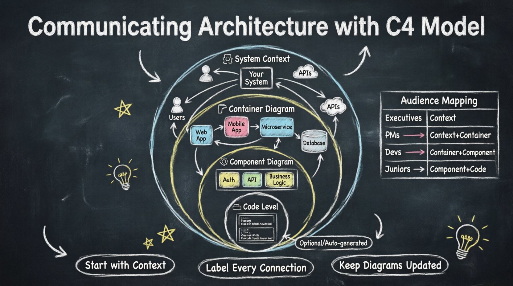 Chalkboard-style infographic explaining the C4 Model for software architecture communication, showing four hierarchical diagram levels (System Context, Container, Component, Code) with a zoom-lens visual metaphor, audience mapping for executives and developers, and best practice tips for maintaining clear architectural documentation