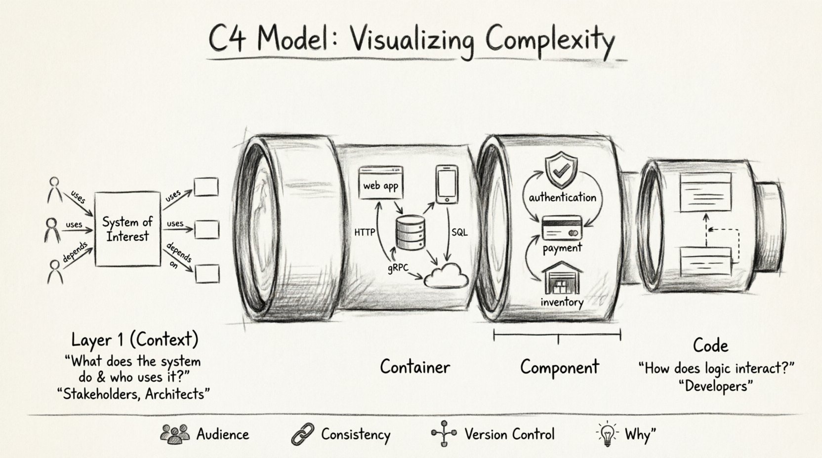 Charcoal contour sketch infographic of the C4 Model showing four hierarchical layers of software architecture visualization: Context level with system boundaries and stakeholder relationships, Container level displaying technical components and communication protocols, Component level illustrating logical module organization, and Code level revealing class-level logic—each labeled with target audience, key questions, and connected by a zoom-lens visual metaphor to demonstrate progressive abstraction