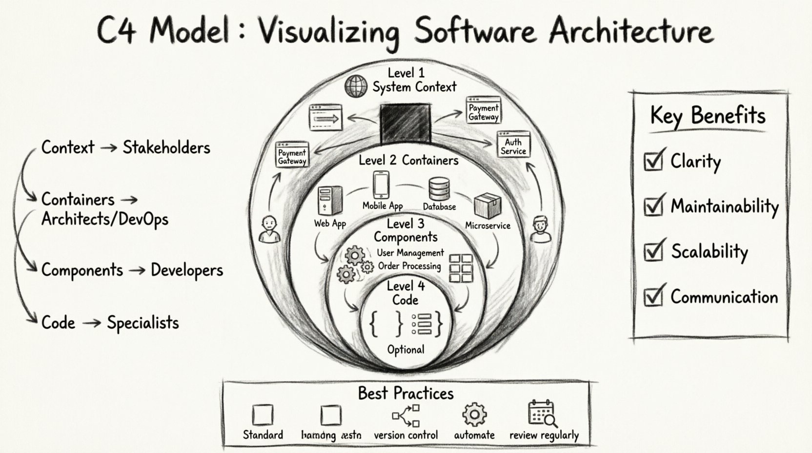 Charcoal sketch infographic of the C4 Model for software architecture showing four hierarchical levels: System Context with users and external systems, Containers with apps and databases, Components with modular code groupings, and optional Code-level details; includes audience mappings, key benefits like clarity and scalability, and best practices for maintaining architectural documentation