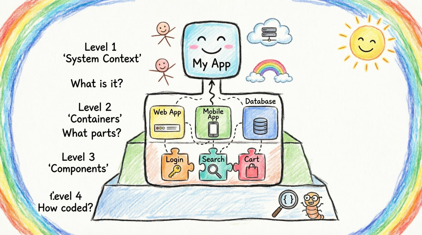 Child-friendly hand-drawn infographic illustrating the C4 Model's four levels of software architecture: System Context showing users and external systems, Containers displaying deployable units like web apps and databases, Components revealing internal modules like login and search, and Code level with implementation details, all connected in a colorful pyramid layout with playful crayon-style illustrations