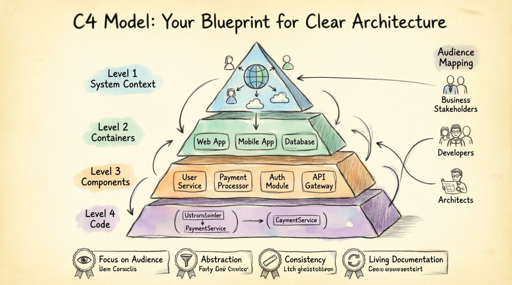 Hand-drawn infographic illustrating the C4 Model for software architecture: a 4-level hierarchy showing System Context, Containers, Components, and Code levels with audience mapping, key principles (abstraction, consistency, living documentation), and progressive disclosure flow for clear technical communication