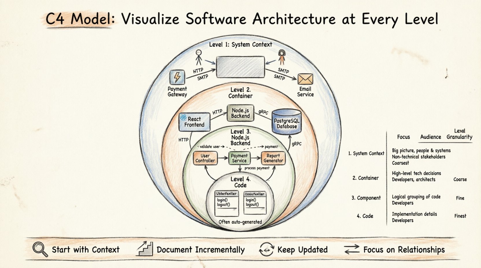 Hand-drawn infographic illustrating the C4 Model for software architecture with four hierarchical levels: System Context showing users and external systems, Container displaying deployable units like web apps and databases, Component revealing logical modules inside containers, and Code showing classes and methods; includes audience mapping, granularity scale, and best practices for technical documentation