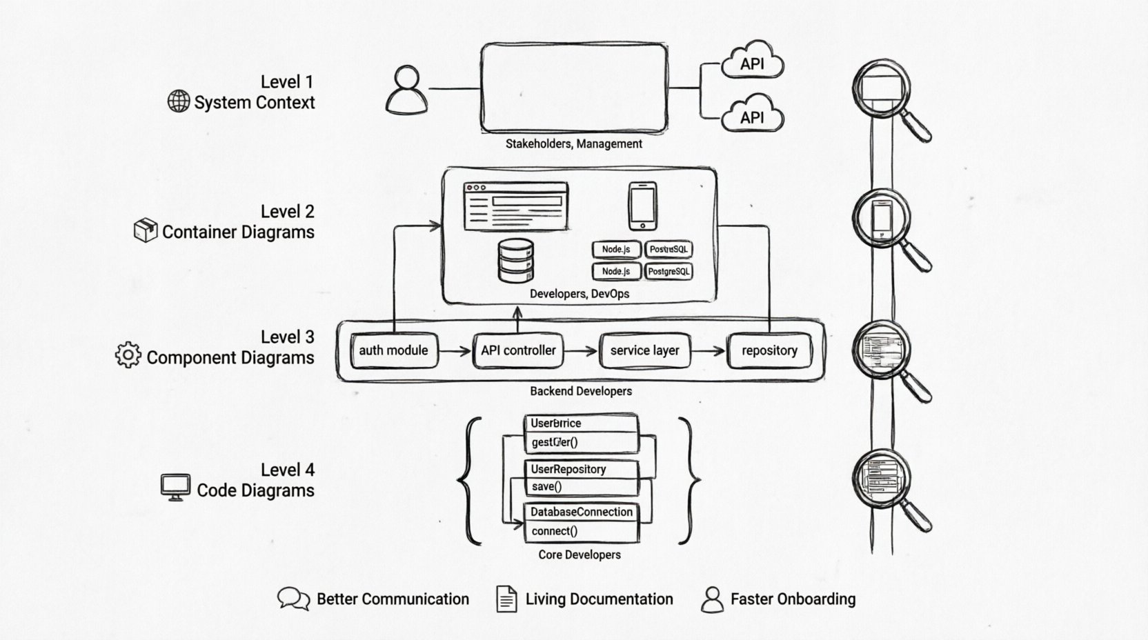 C4 Model software architecture infographic illustrating four hierarchical abstraction levels: System Context diagram for stakeholders showing users and external systems, Container Diagram for developers displaying web apps and databases, Component Diagram for backend teams with modular services, and Code Diagram for core engineers with class structures, all rendered in clean minimalist line art style with zoom progression indicators and key benefits highlighted