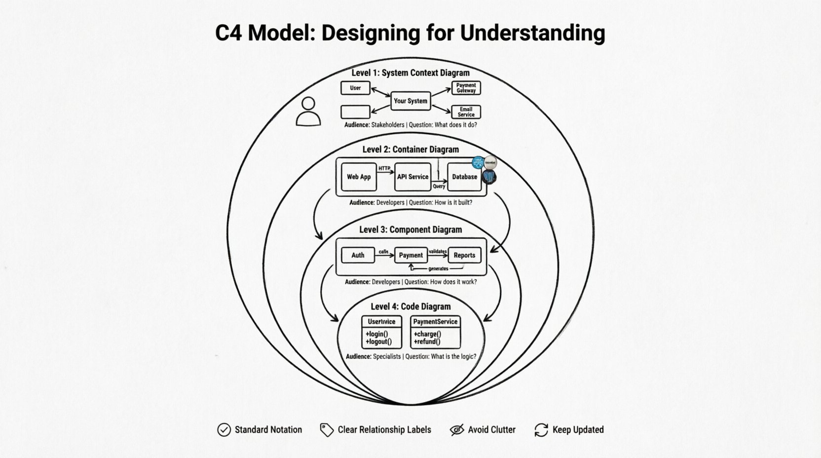 Line art infographic of the C4 software architecture model showing four hierarchical abstraction levels: System Context diagram with users and external systems, Container diagram with deployable units and technology stacks, Component diagram with logical modules and internal relationships, and Code diagram with class structures; each level labeled with primary audience and key question, plus best practices icons for standard notation, clear labels, avoiding clutter, and keeping documentation updated