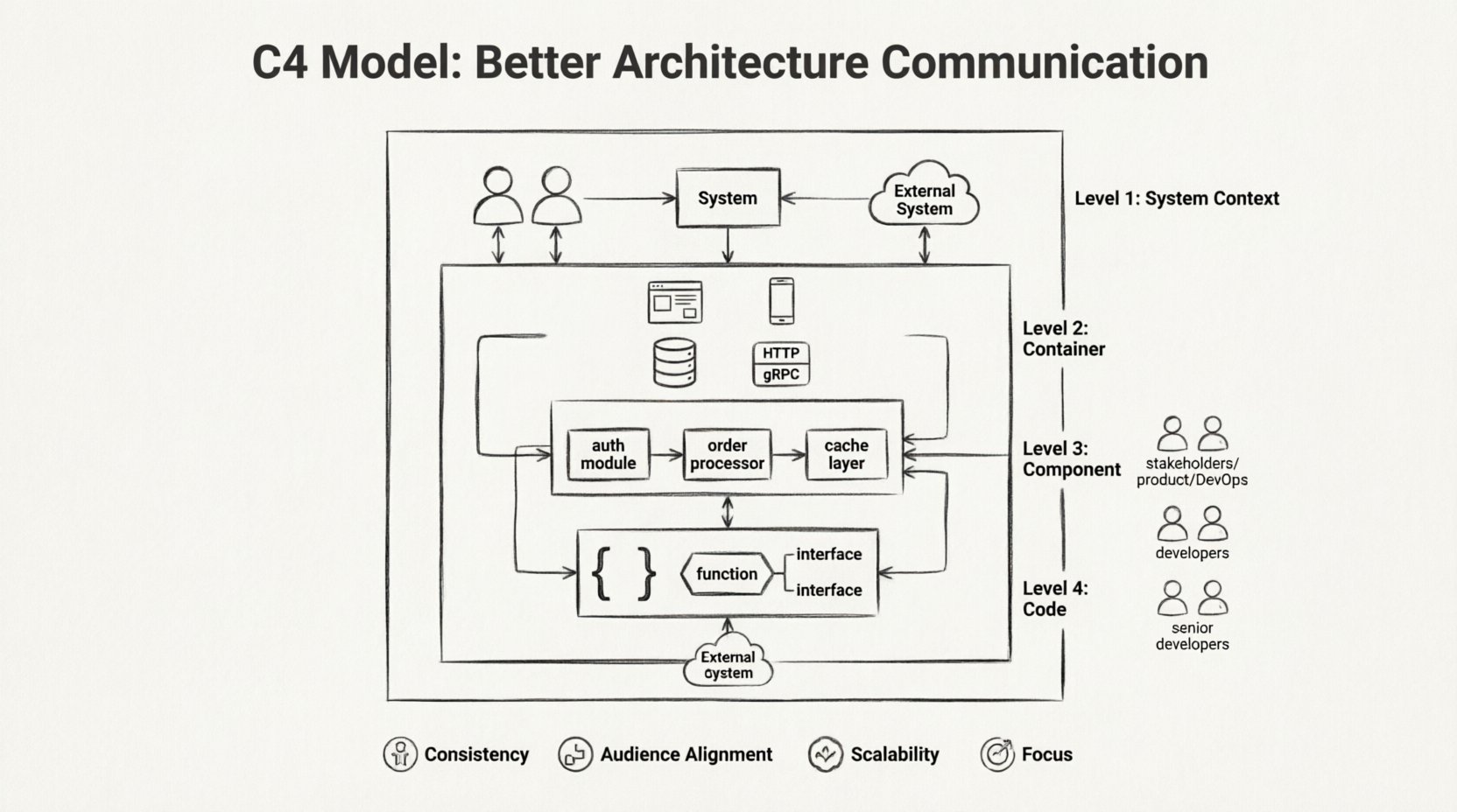 Line art infographic illustrating the C4 Model for software architecture communication, showing four hierarchical levels: System Context with users and external systems, Container with deployable units like web apps and databases, Component with logical modules like auth services, and Code with classes and interfaces, each labeled with target audiences and focus areas, designed in 16:9 aspect ratio for presentations and documentation