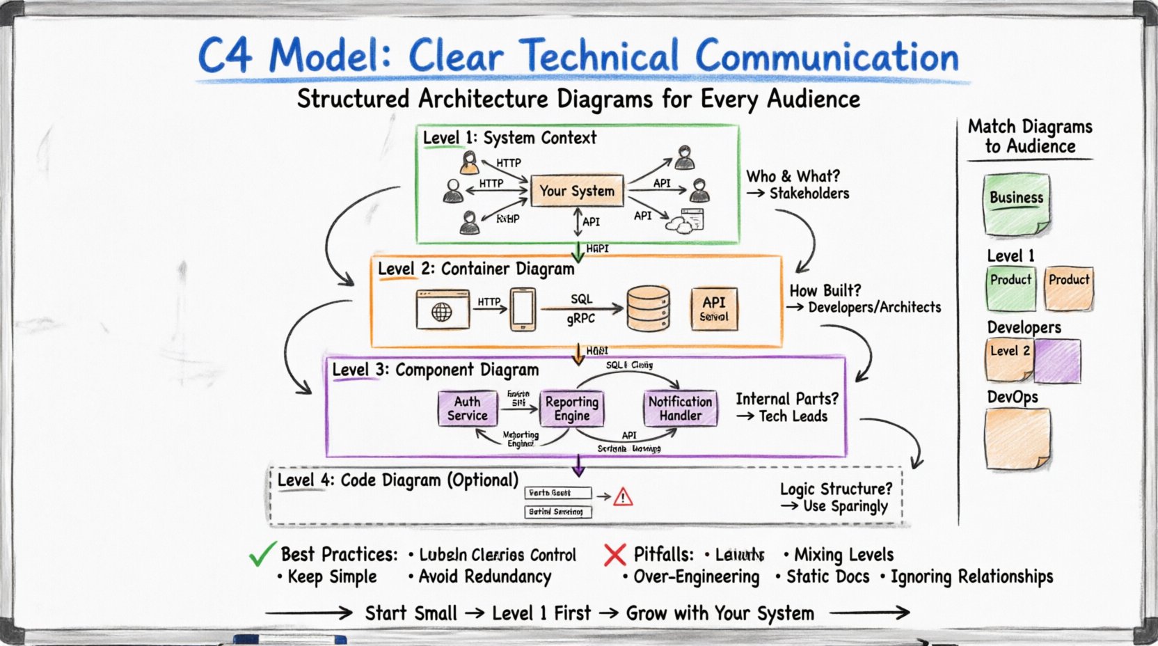 Hand-drawn whiteboard infographic explaining the C4 Model for software architecture, showing four hierarchical diagram levels: System Context (green), Container Diagram (orange), Component Diagram (purple), and optional Code Diagram (gray), with color-coded markers, audience mapping for stakeholders and developers, best practices checklist, and common pitfalls to avoid for clear technical communication