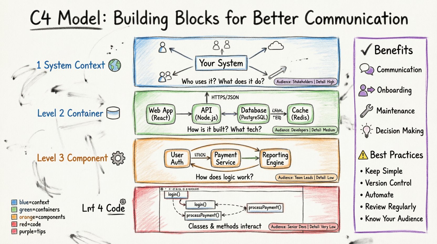 Hand-drawn whiteboard infographic illustrating the C4 Model's four architecture diagram levels: System Context (blue), Container (green), Component (orange), and Code (red), with color-coded markers showing zoom levels, target audiences, key elements, benefits, and best practices for clearer software architecture communication